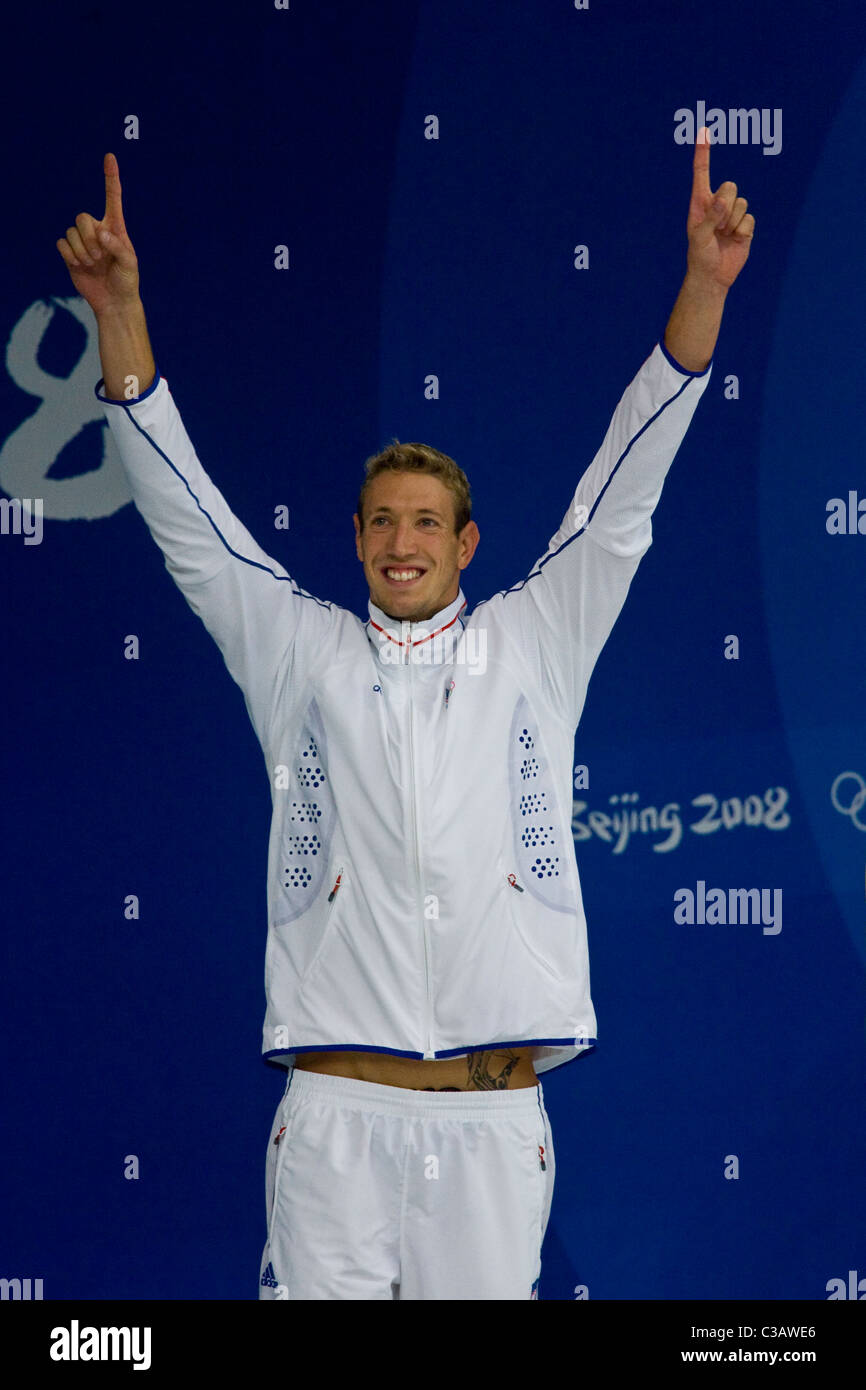 Alain Bernard (FRA) Sieger über 100m Freistil bei den Olympischen Sommerspielen 2008, Peking, China Stockfoto