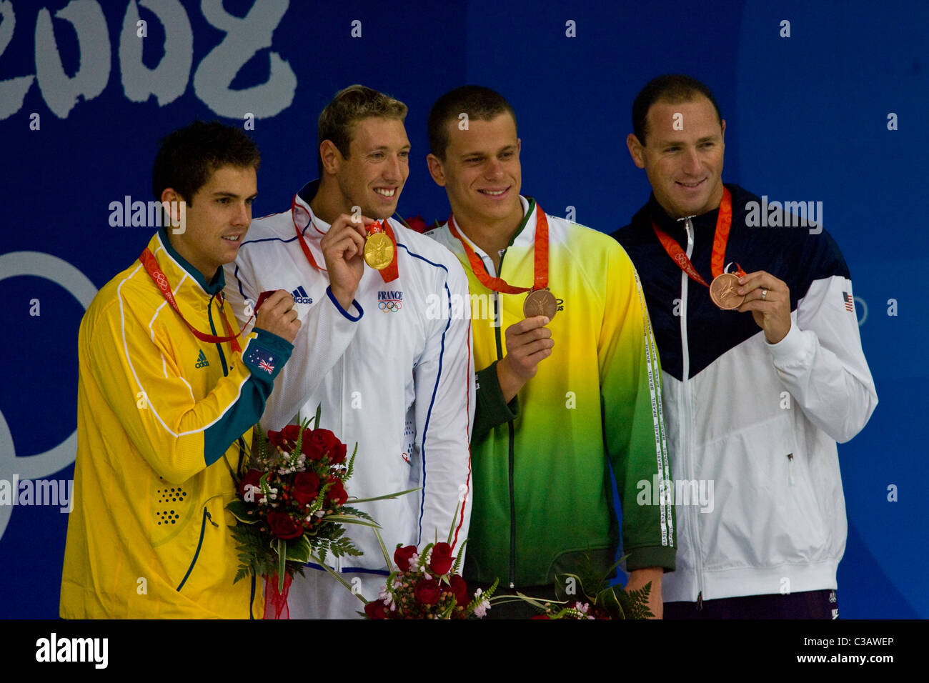 Alain Bernard (FRA) Sieger über 100m Freistil bei den Olympischen Sommerspielen 2008, Peking, China Stockfoto