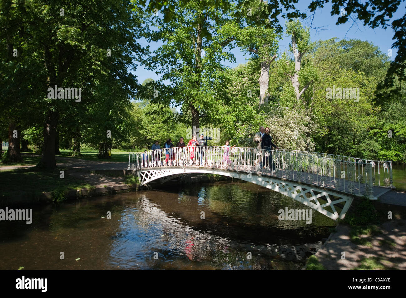 Reich verzierte schmiedeeiserne Brücke überquert den Fluss Wandle in Morden Hall Park Stockfoto