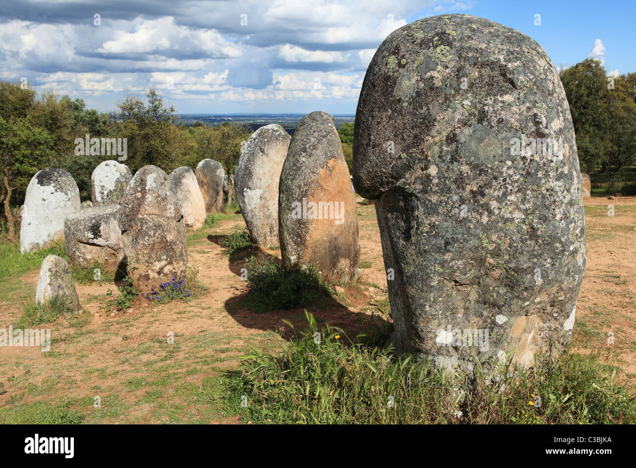 Menhire (Menhire) aus der megalithischen Epoche Cromlech Almendres, in der Nähe von Evora im Alentejo, Portugal. Stockfoto