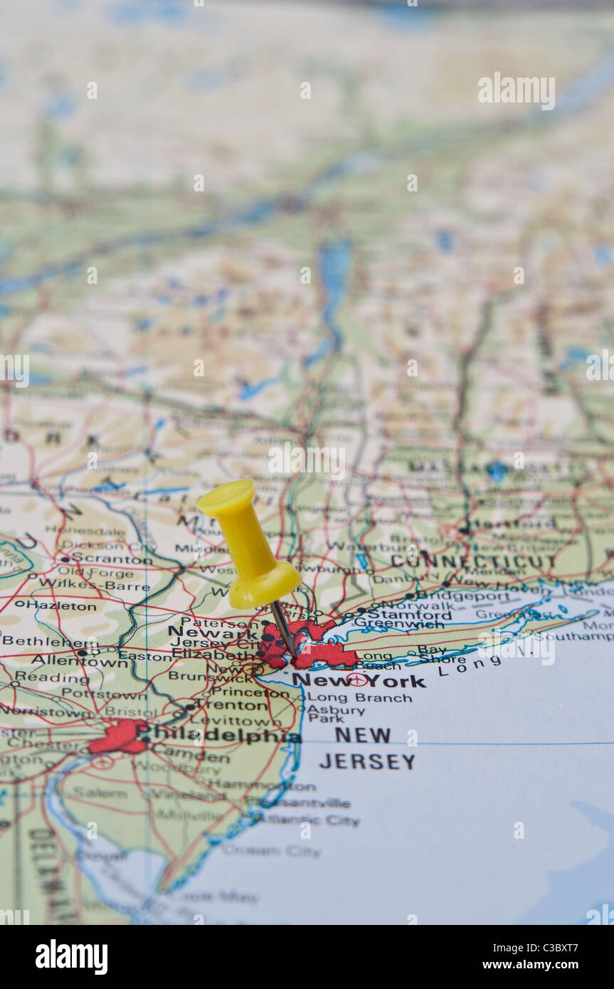 Push Pin zeigt in New York, Vereinigte Staaten Stockfoto