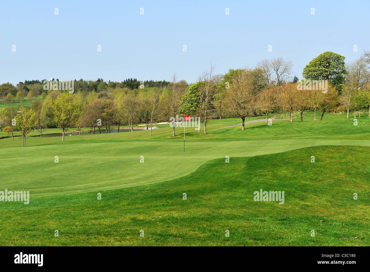 Einen schönen Blick auf den Golfplatz mit Golfflagge Stockfoto
