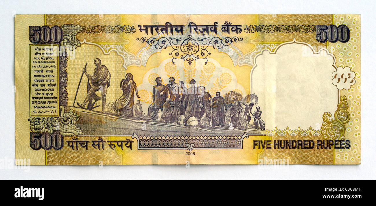 Indien 500 fünf hundert Rupie Banknote. Stockfoto