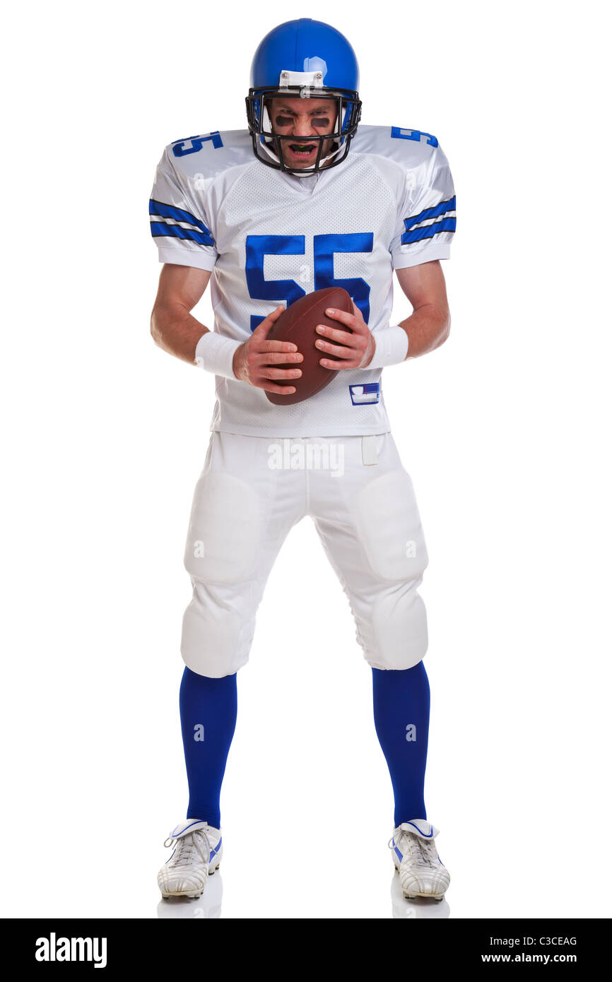 Foto von einem American Football-Spieler, auf einem weißen Hintergrund ausschneiden. Stockfoto