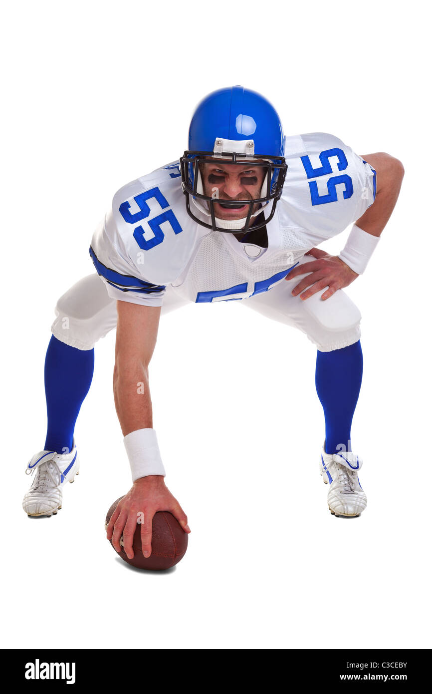 Foto von einem American Football-Spieler, auf einem weißen Hintergrund ausschneiden. Stockfoto