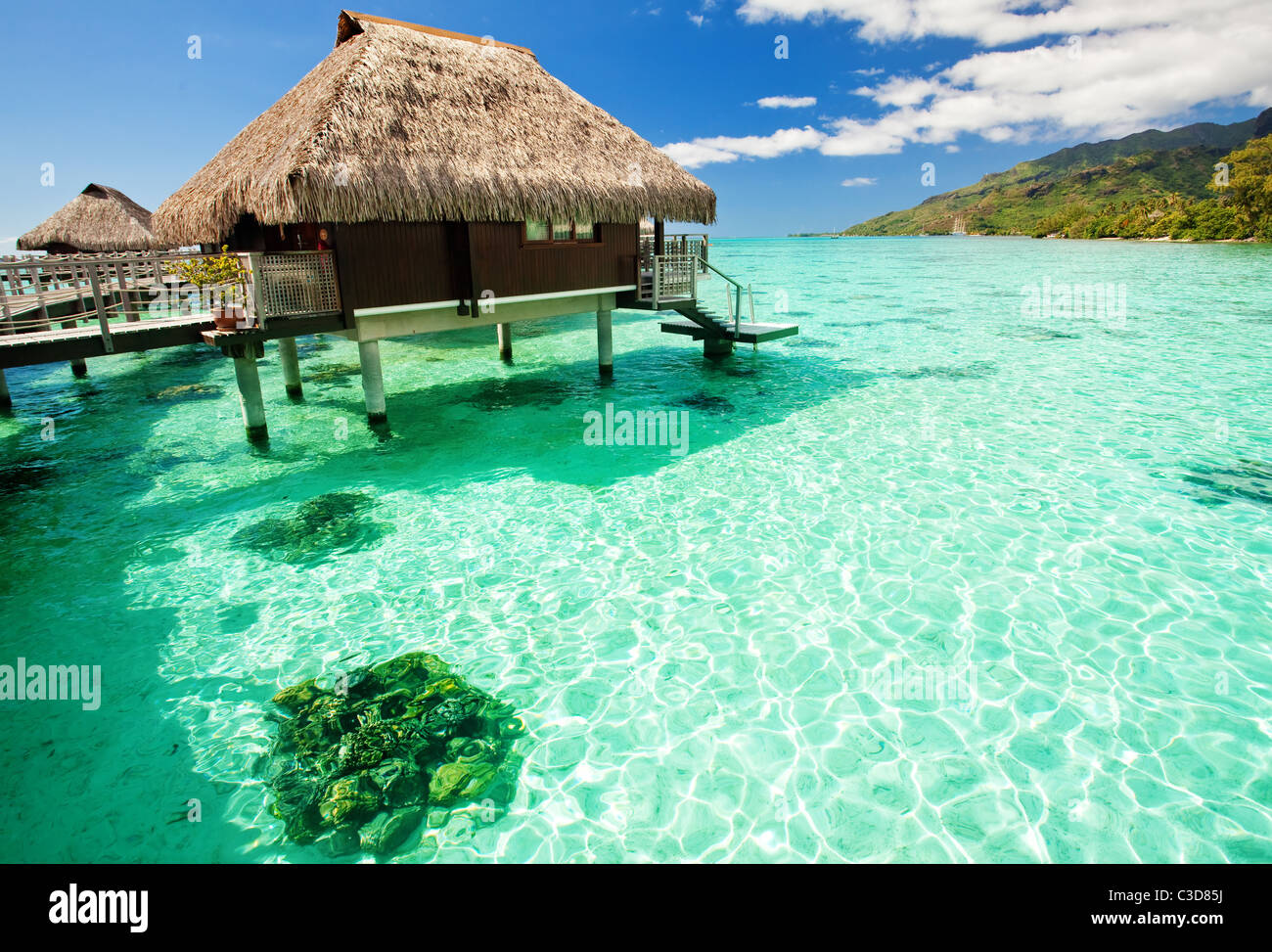 Über Wasser Bungalow mit Schritten in erstaunlich grünen Lagune Stockfoto
