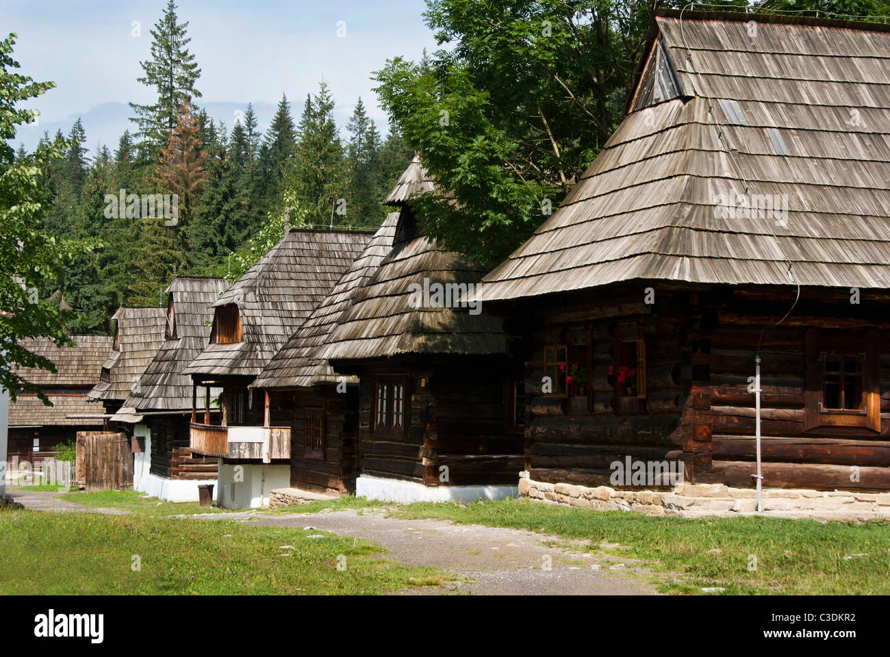 Reihe von traditionellen Holzhäusern mit Holzdach und Wald im Hintergrund. Zentral-Europa - Slowakei Stockfoto