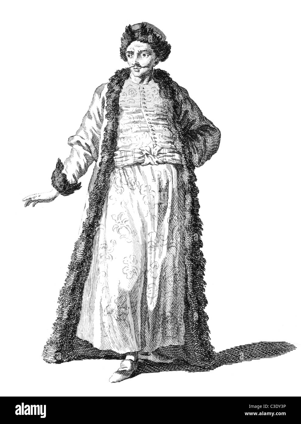 Kostüm eines Gentleman der Walachei auf Gravur aus den 1700er Jahren. Stockfoto