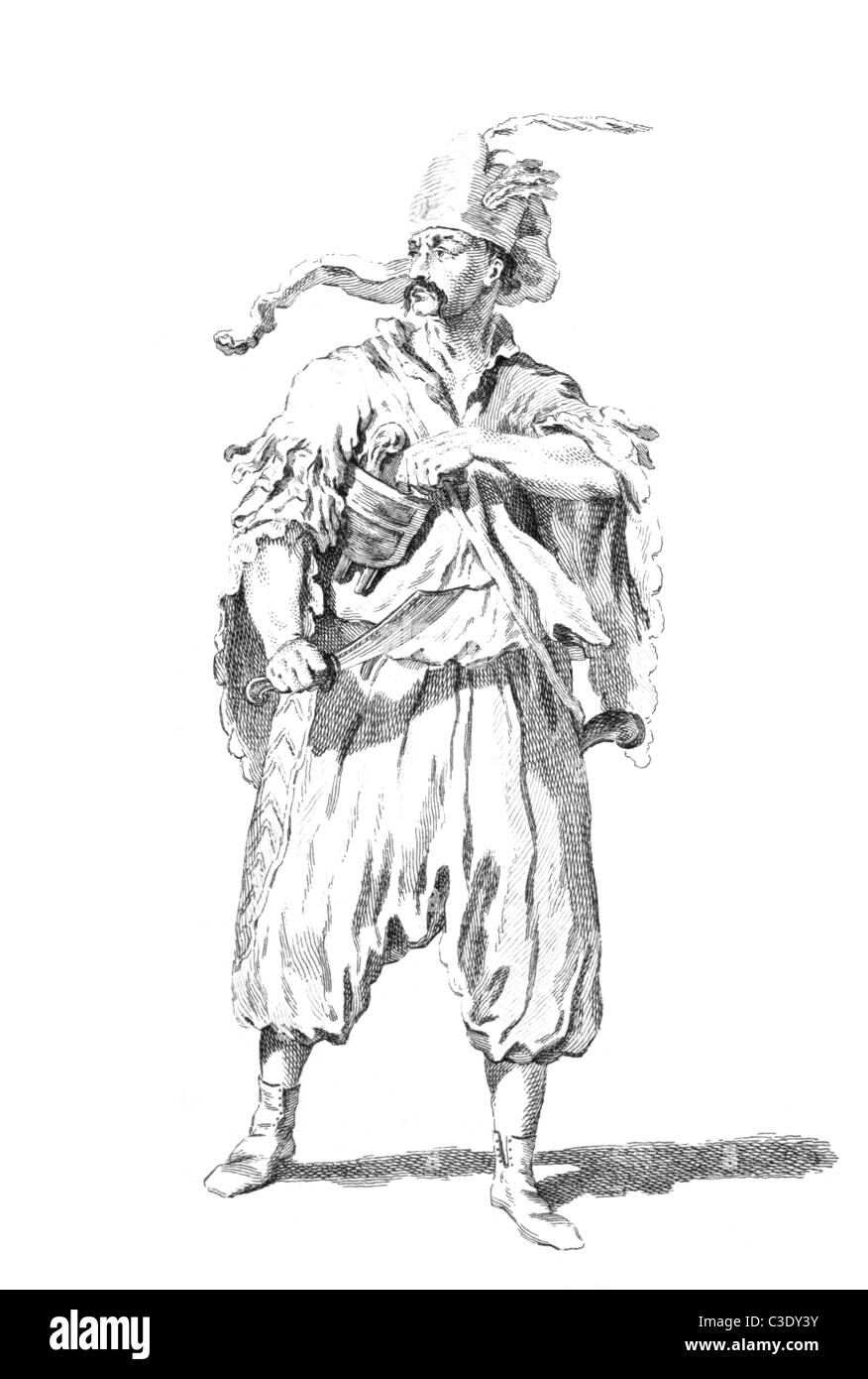 Kostüm von einem ungarischen Korporal Narasdin Pandours 1742 auf Gravur aus den 1700er Jahren. Stockfoto