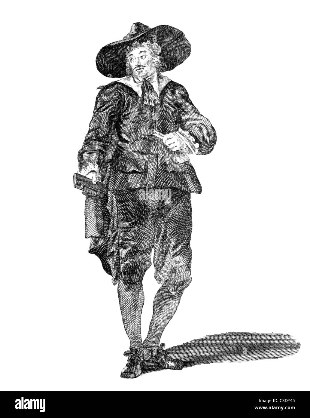 Kostüm von einem Oliverian (ein Verfechter von Oliver Cromwell) 1650 auf Gravur aus den 1700er Jahren. Stockfoto