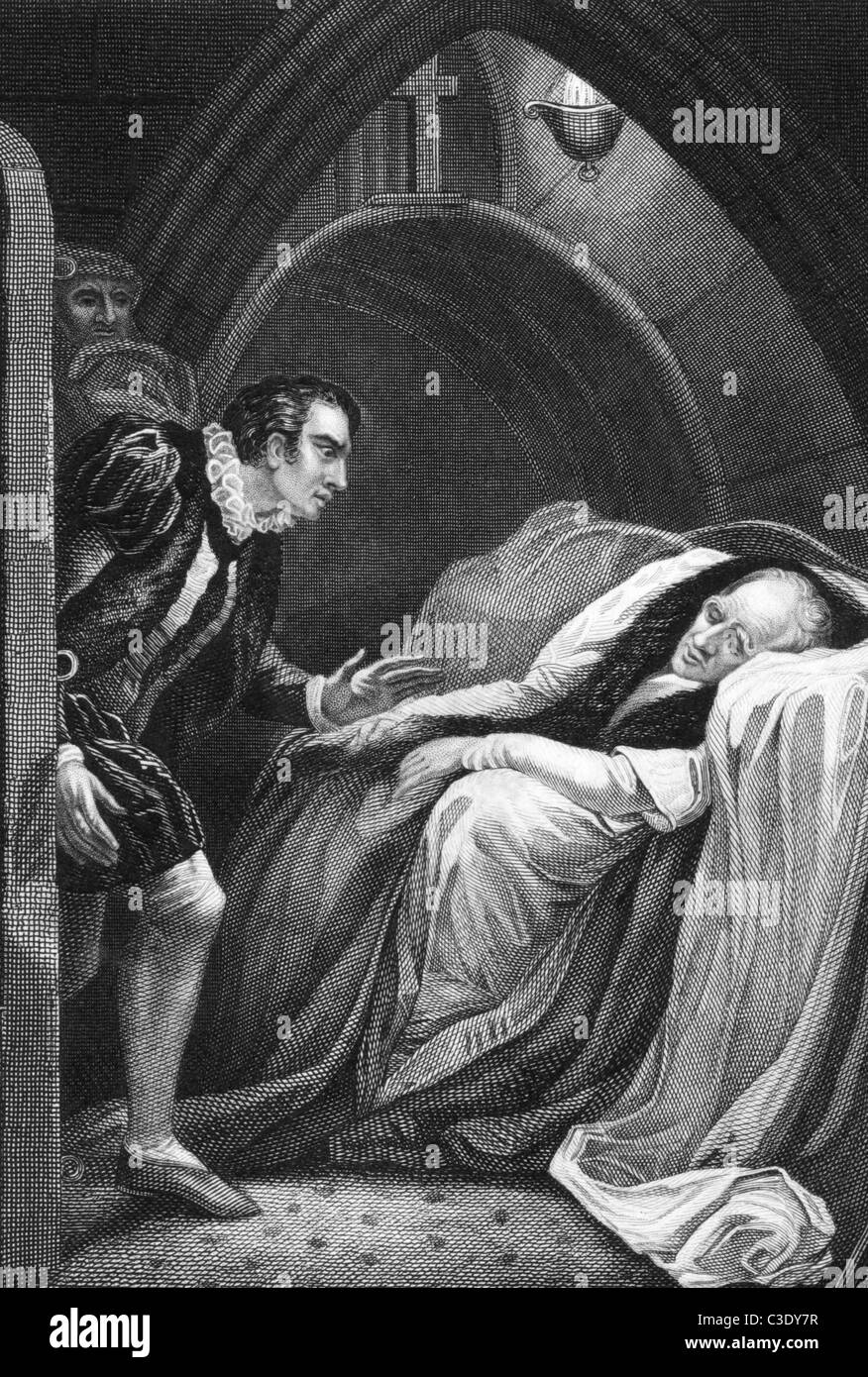 Tod von Mortimer, aus Shakespeares Henry VI, Teil I, Akt II, Szene V auf Gravur von 1800 s. Stockfoto