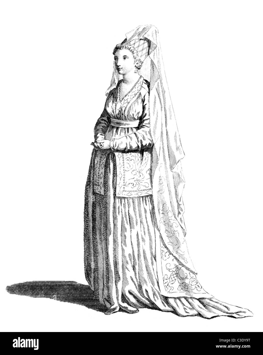 Kleid von einer edlen Dame von Syrien im Jahre 1581 auf Gravur aus den 1700er Jahren. Stockfoto