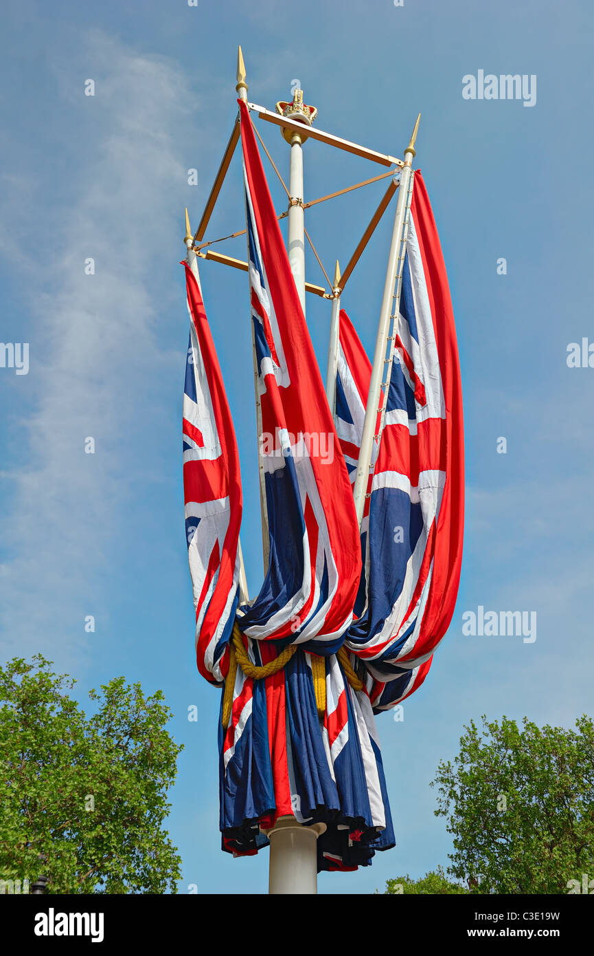 Furled Union Jack Flagge, The Mall, London, England, UK Stockfoto
