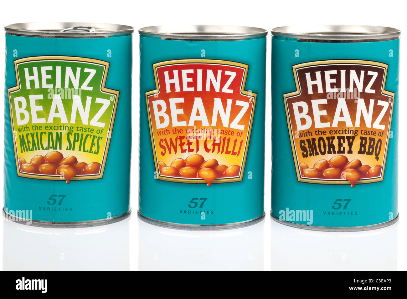 Drei Dosen von Heinz 57 Sorten mexikanische Gewürze sweet Chili und rauchige BBQ Stockfoto