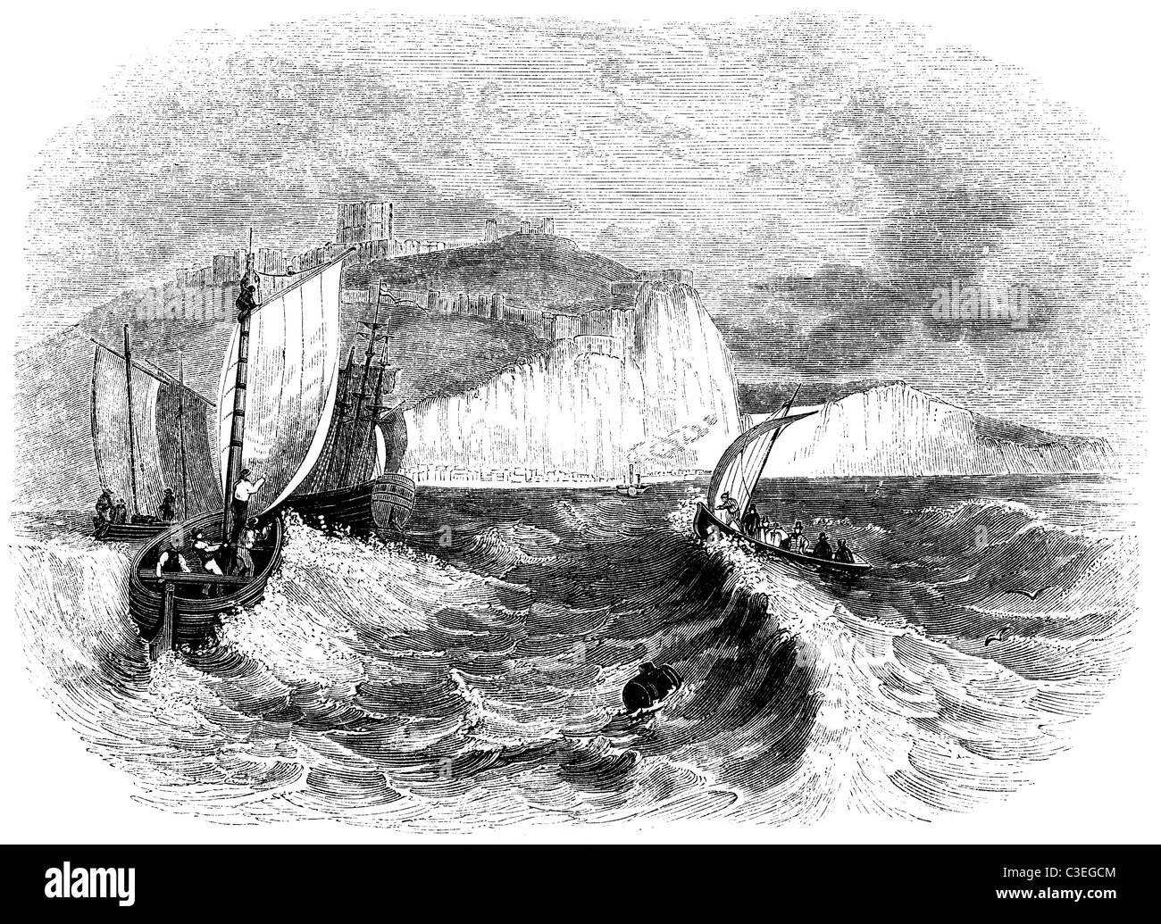 Römische Invasion von Großbritannien: die weißen Klippen von Dover bei stürmischem Wetter mit Segelbooten; eine viktorianische Holzschnitt. Stockfoto