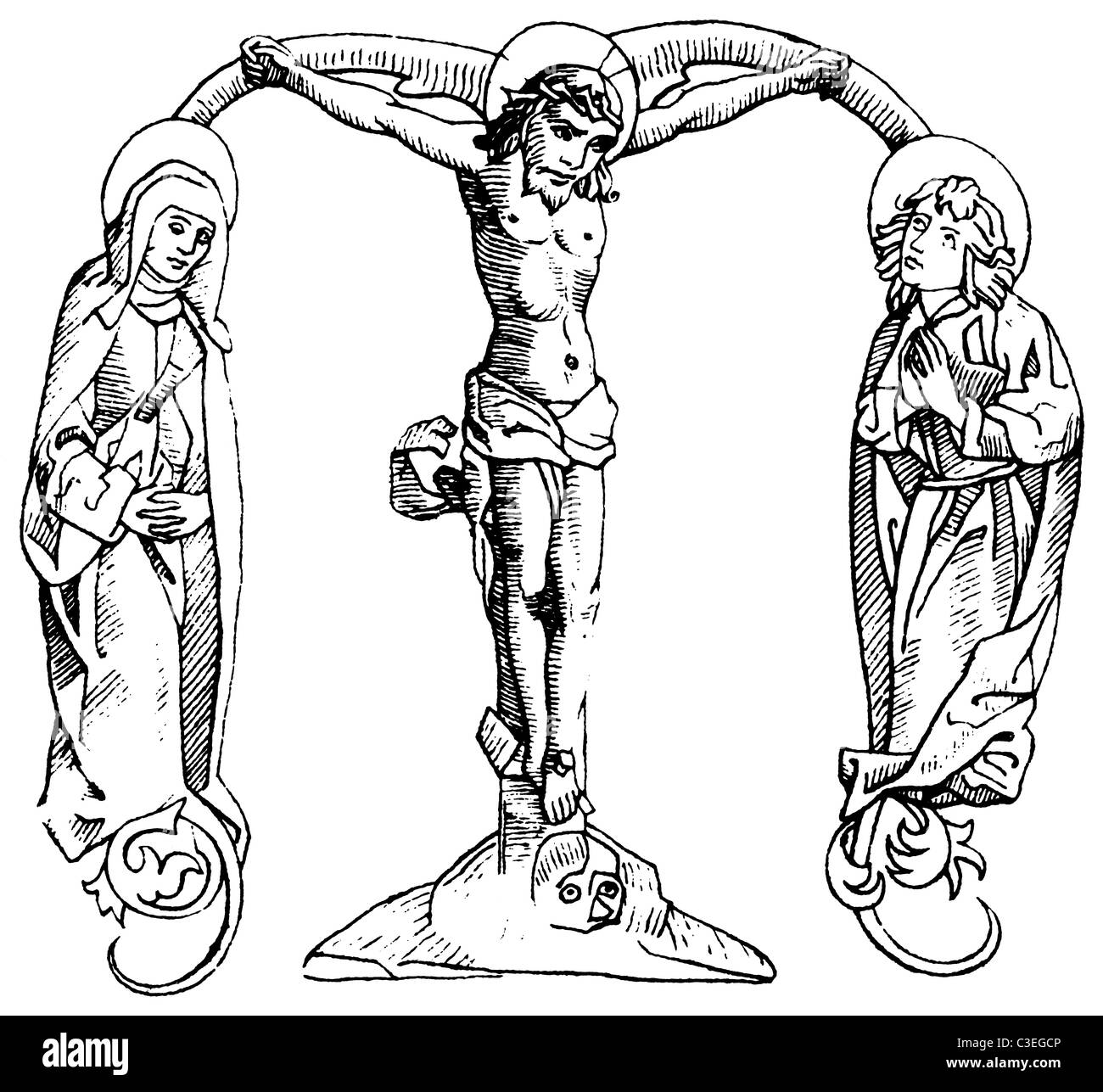 Ein mittelalterliche dekorative Großbuchstaben M hergestellt aus Jesus Christus am Kreuz mit Maria und Johannes (wahrscheinlich) auf beiden Seiten. Stockfoto