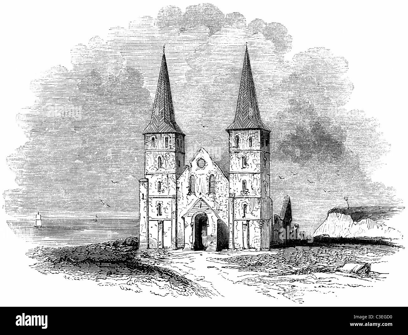 Ruinen der alten Kirche von Reculver, von einer Gravur der 1840er Jahre Stockfoto