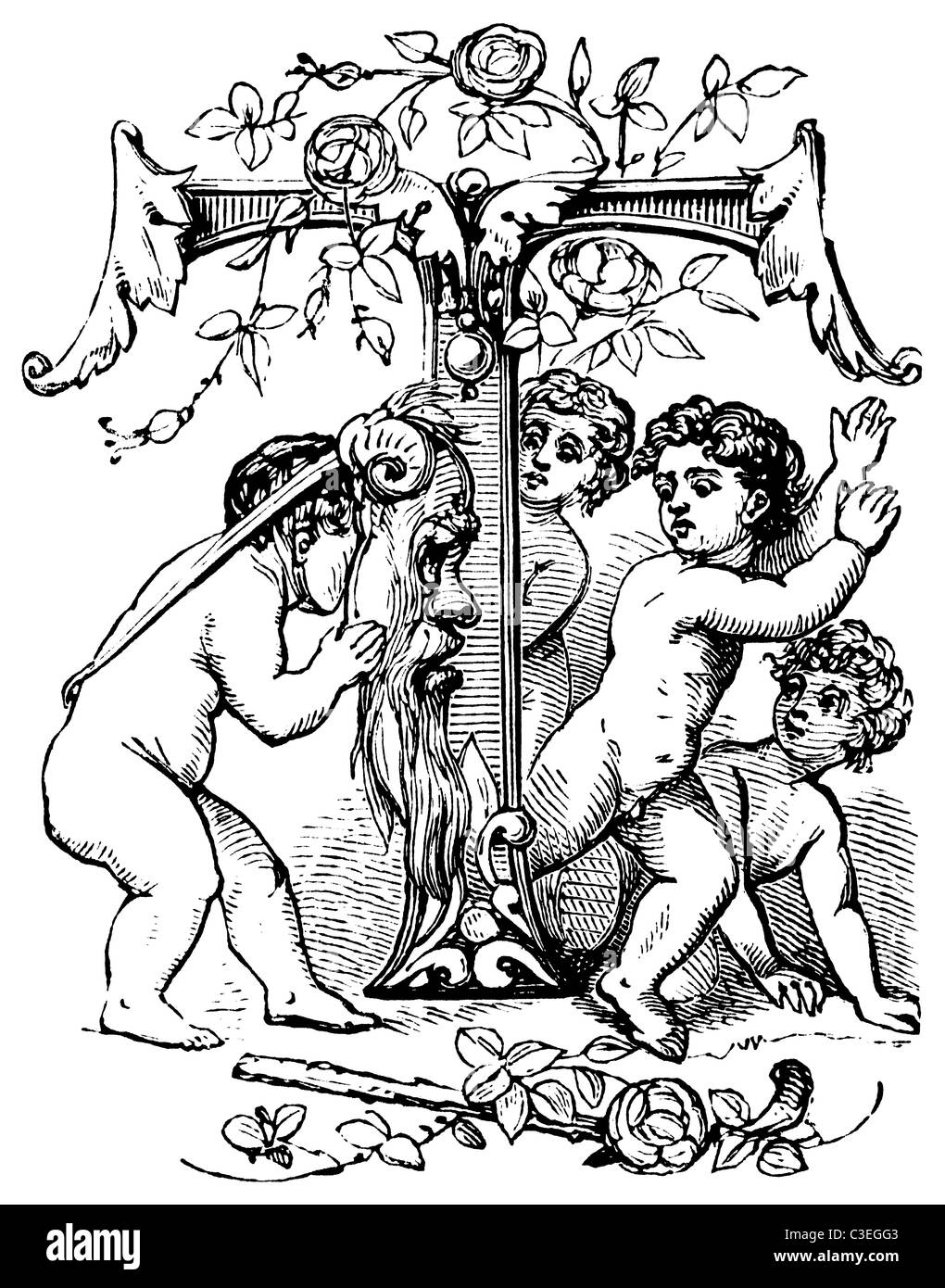 Erste T (z. B. für eine Initiale) verziert mit fünf nackten Putten spielen mit einer Maske und Rosen. Stockfoto