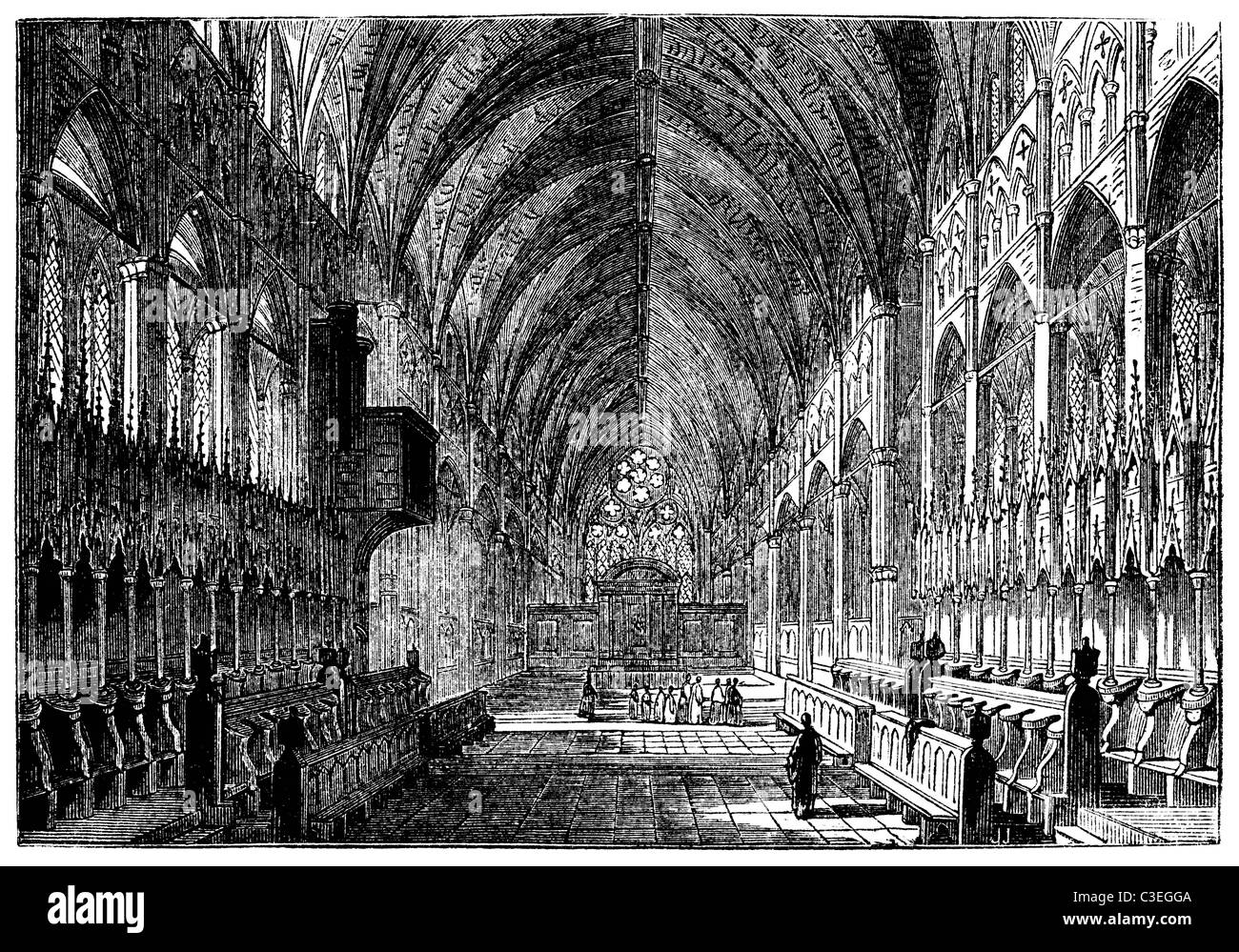 1840 Holzstich, Innenraum der Kathedrale von Lincoln Stockfoto