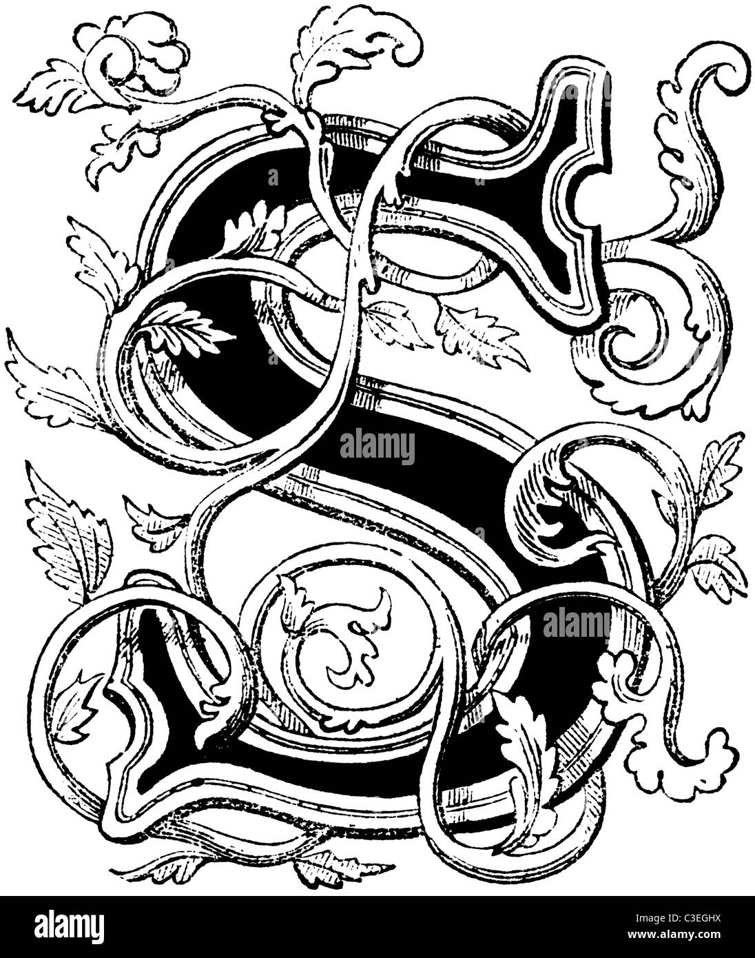Frühen viktorianischen schuppige Reben und Blättern dekorativer Anfangsbuchstabe des "von 1845 Buch [original schwarz / weiß-Version] Stockfoto