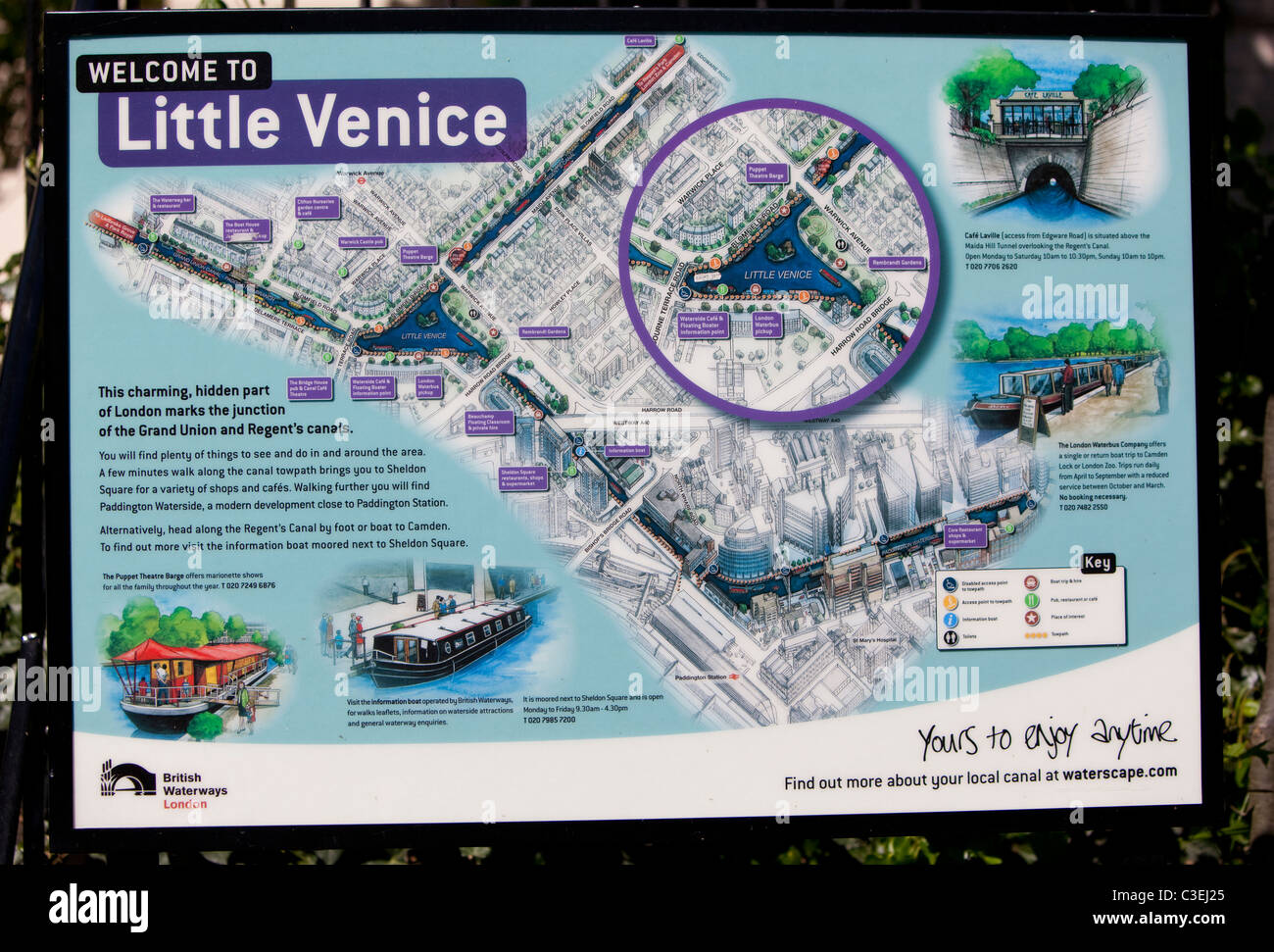 Ein Zeichen-Karte von Klein-Venedig, Regents Canal, UK Stockfoto
