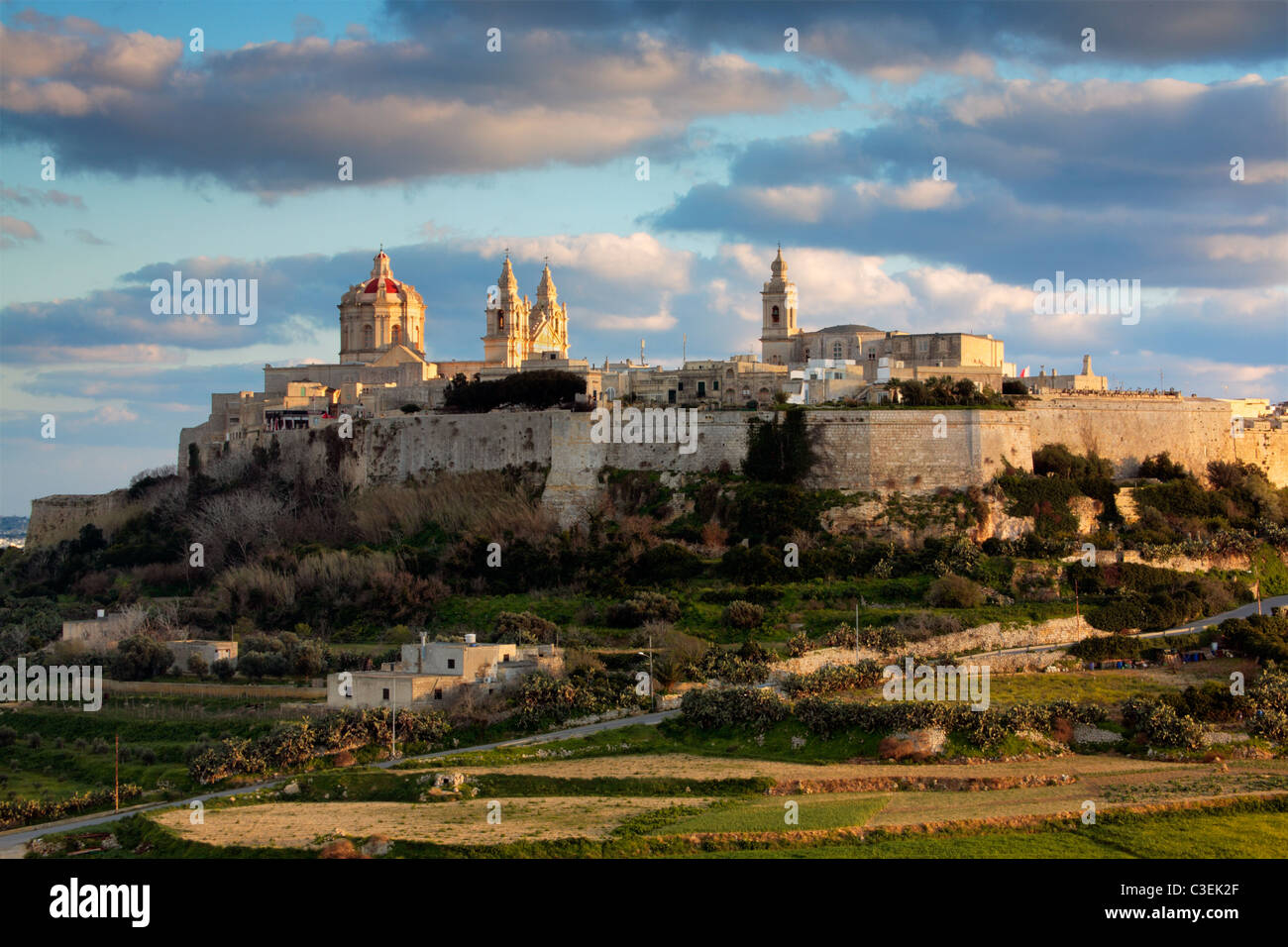 Skyline von Mdina in Malta mit der wunderschönen Kathedrale von St. Paul Stockfoto