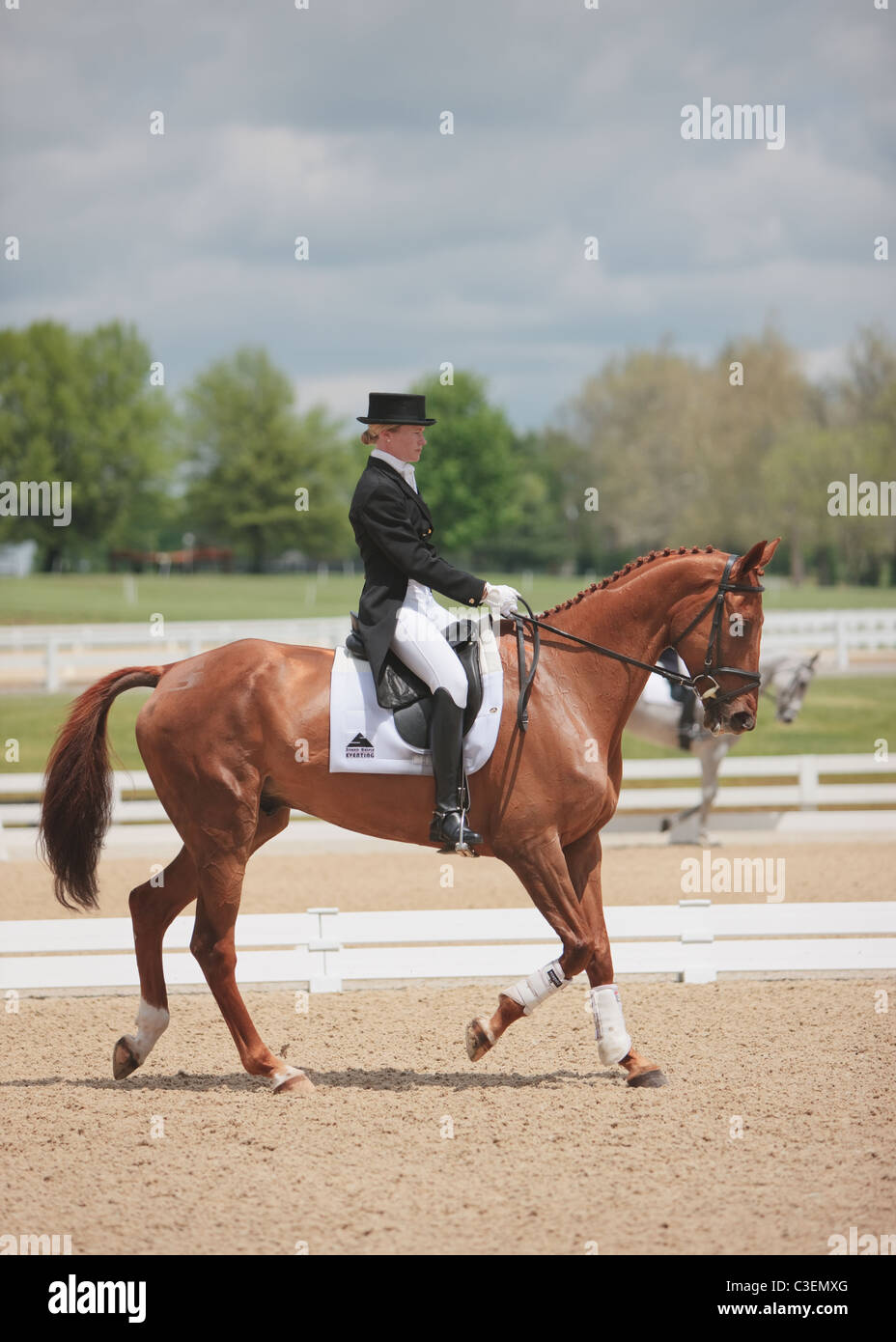 Vorbereitung für die Dressur-Wettbewerb beim Rolex drei Tag Eventing-Wettbewerb in Lexington, Kentucky. Stockfoto