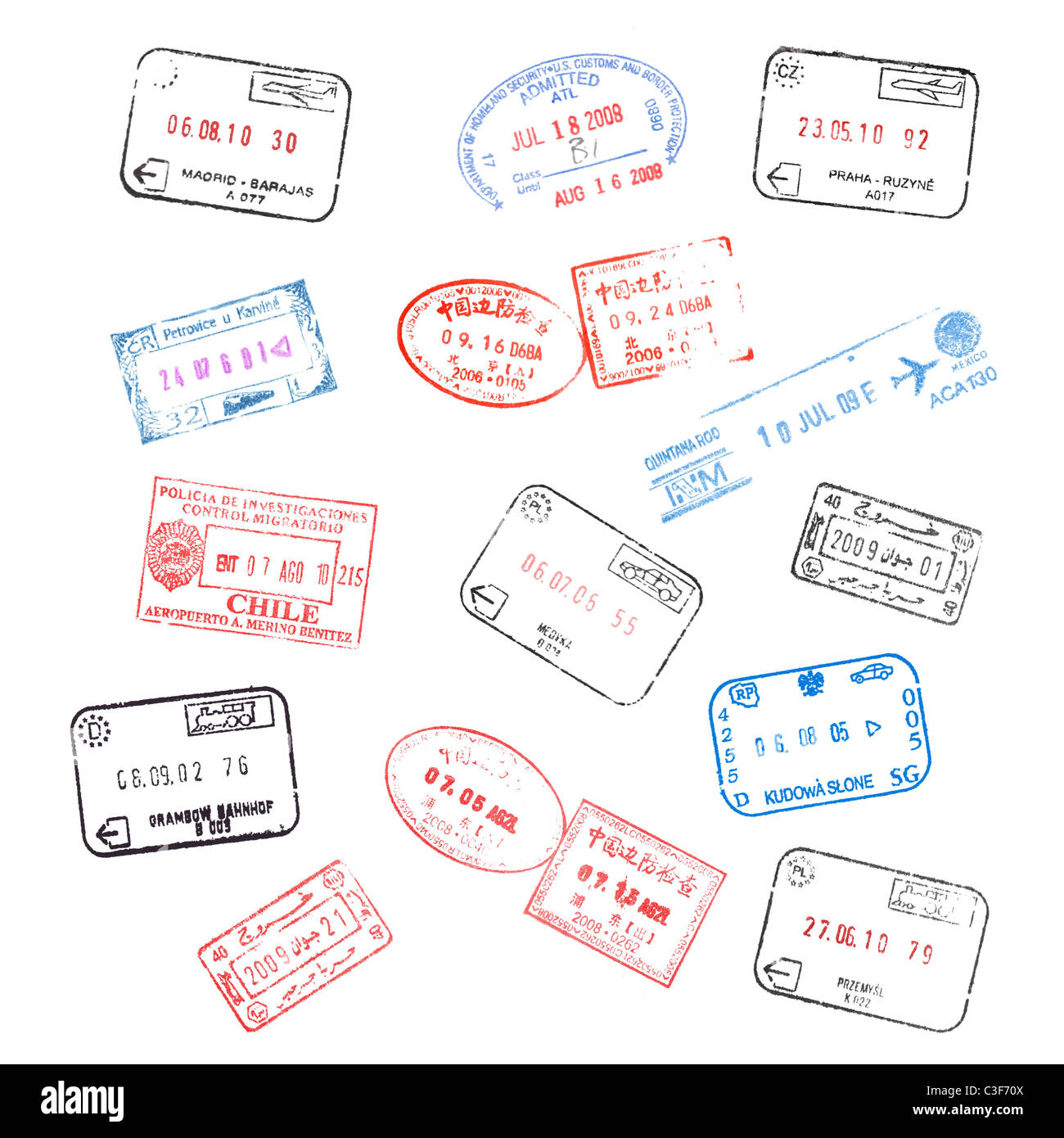 Satz von verschiedenen Reisepass Visum Briefmarken auf weißem Hintergrund Stockfoto