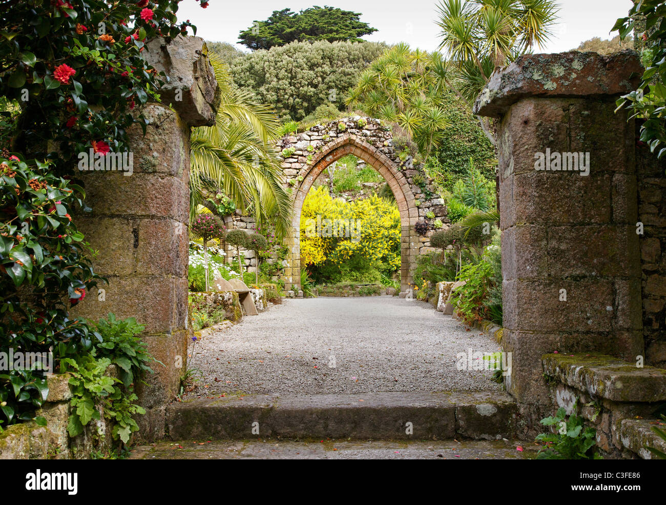 Zerstörten Bogen des alten Benediktiner Klosters in Tresco Abtei Gärten in den Isles of Scilly Stockfoto Zerstörten Bogen des alten Benediktiner Klosters in Tresco Abtei Gärten in den Isles of Scilly Stockfoto