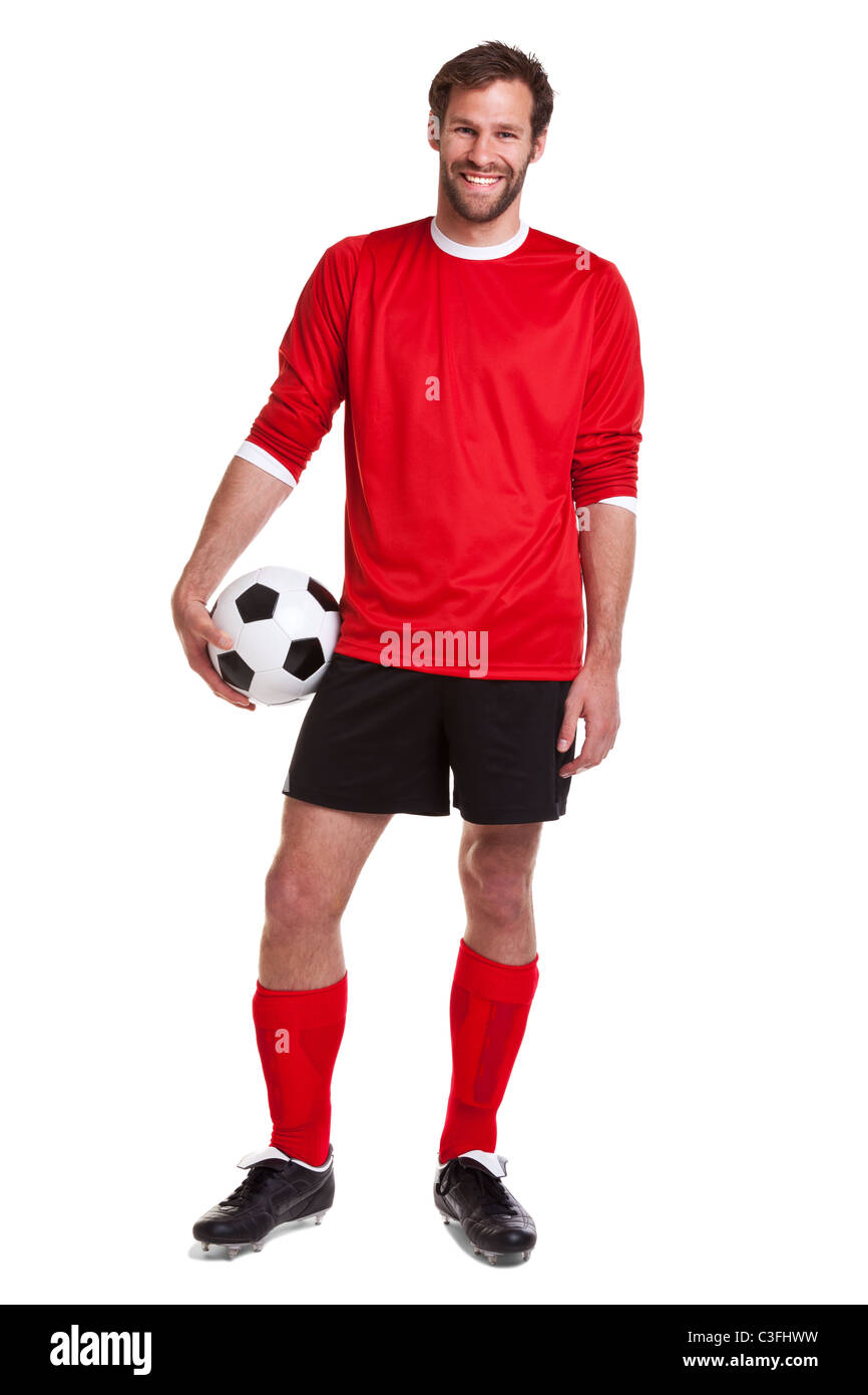 Foto von einem Fußballer oder Fußball Spieler Ausschneiden auf weißem Hintergrund. Stockfoto