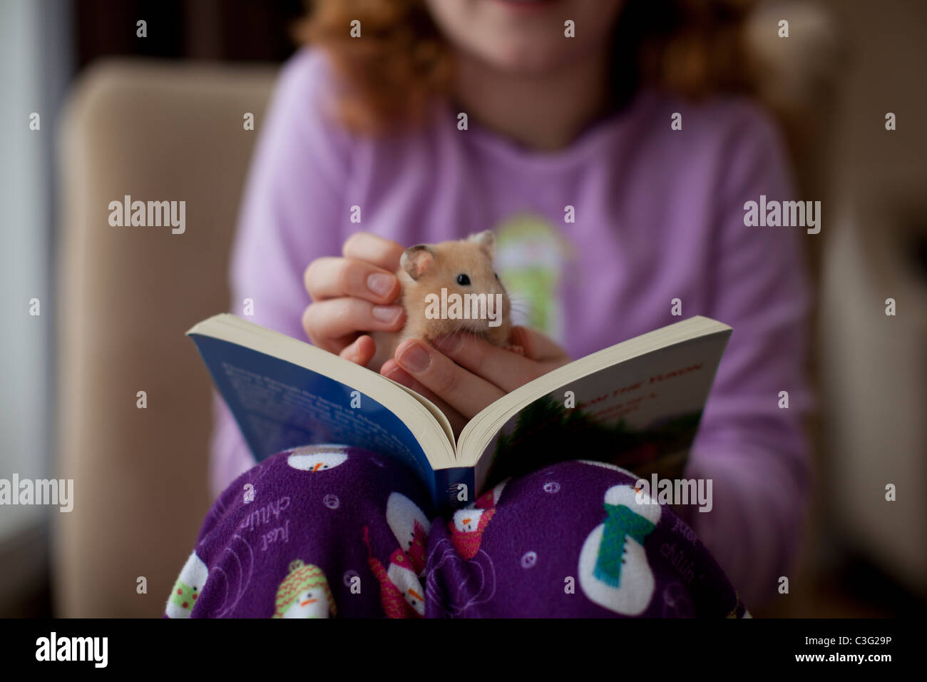Kaukasische Mädchen sitzend mit Buch und Haustier hamster Stockfoto