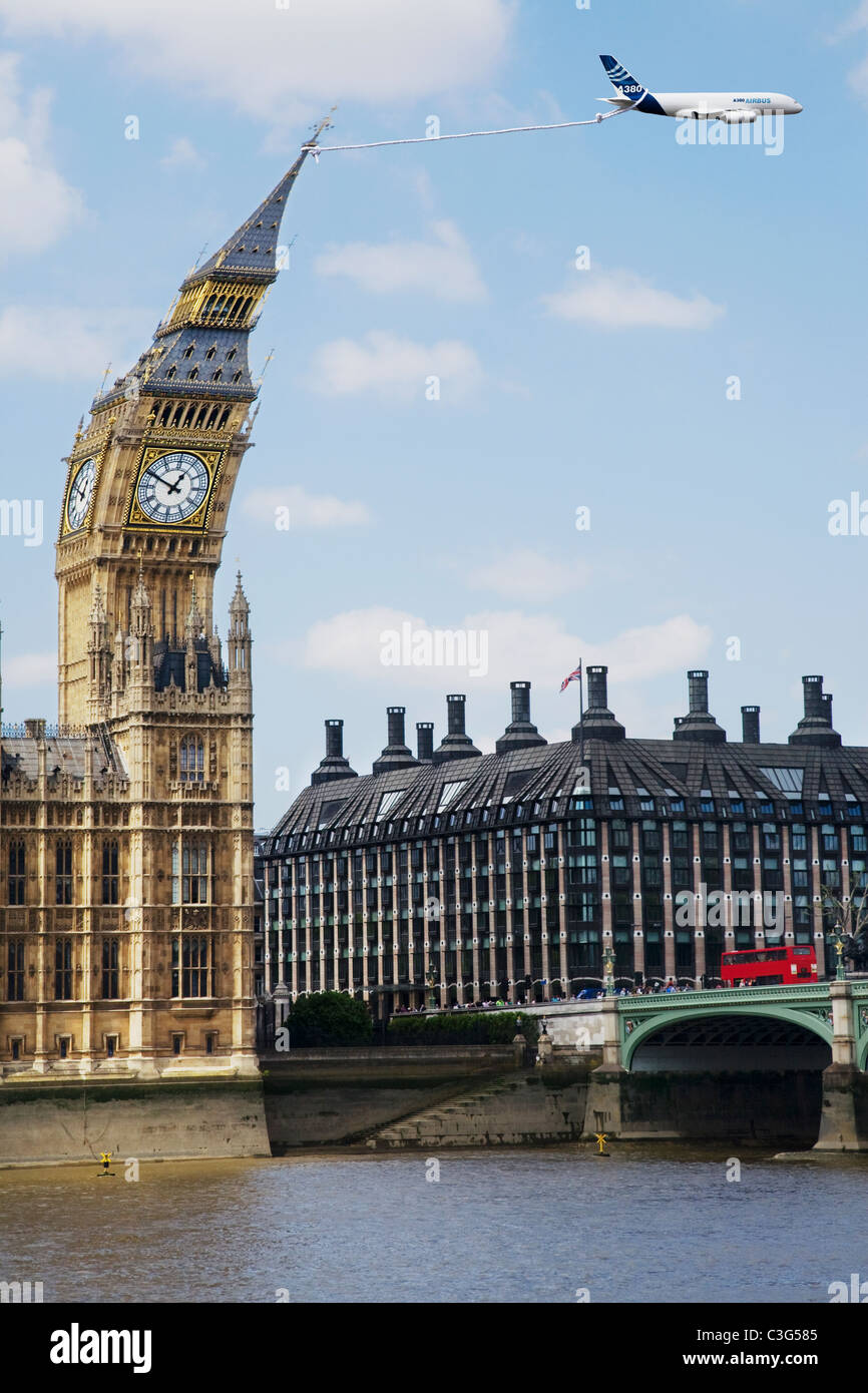 Reisen Sie-Konzept, ein Seil befestigt von Big Ben Houses of Parliament stoppen ein Airbus A380 von London zu verlassen, Stockfoto