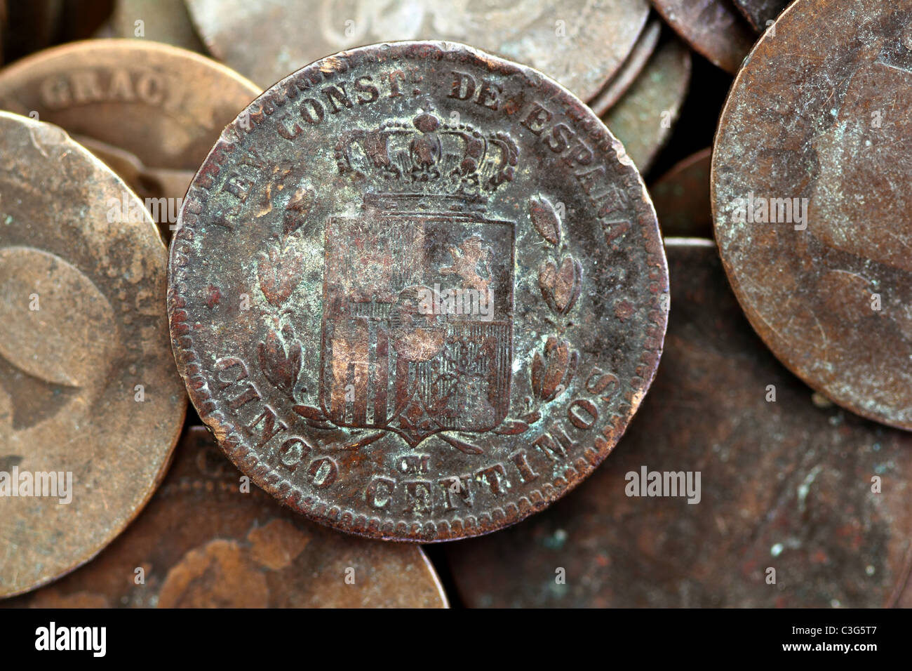 Münze Peseta echte alte Spanien Republik 1937 Währung und Cent Céntimos Stockfoto