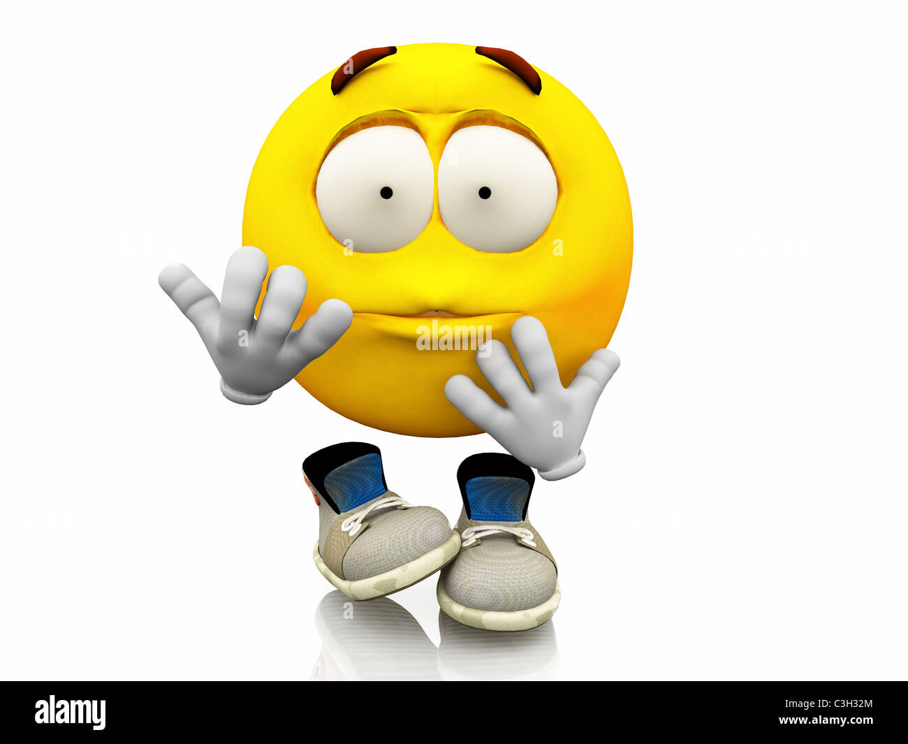 Smiley, Emoticons. Gesichtsausdruck. Enttäuscht emotionalen Ausdruck auf ein gelbes Gesicht mit großen Augen mit Schuhen. Stockfoto