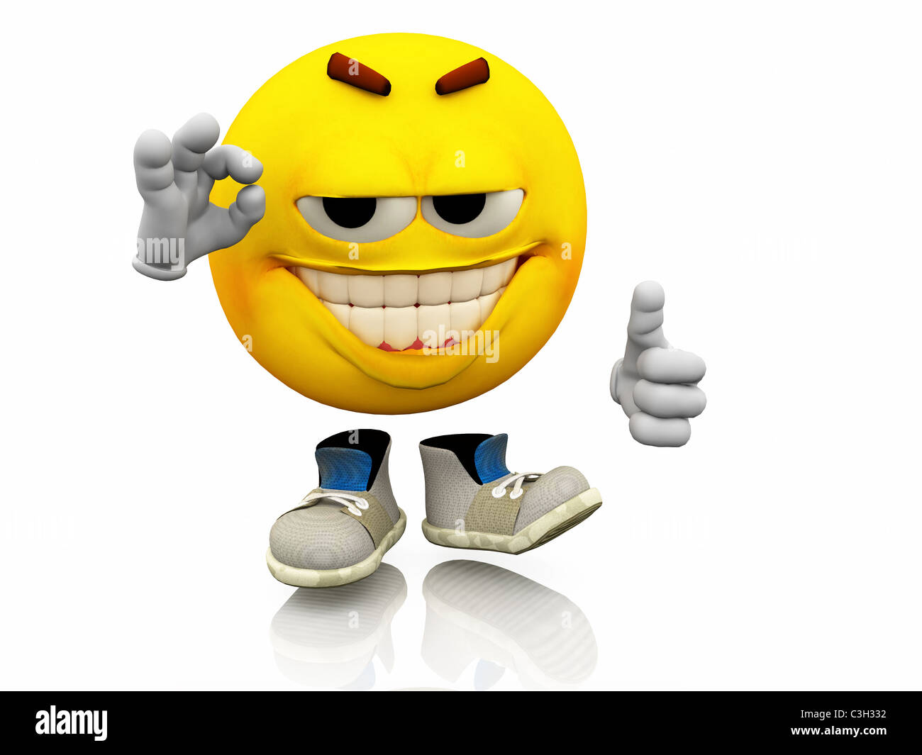 Smiley, Emoticons. Gesichtsausdruck. Heißen emotionalen Ausdruck auf ein gelbes Gesicht mit großen Augen mit Schuhen. Angenehm, Geste. Stockfoto