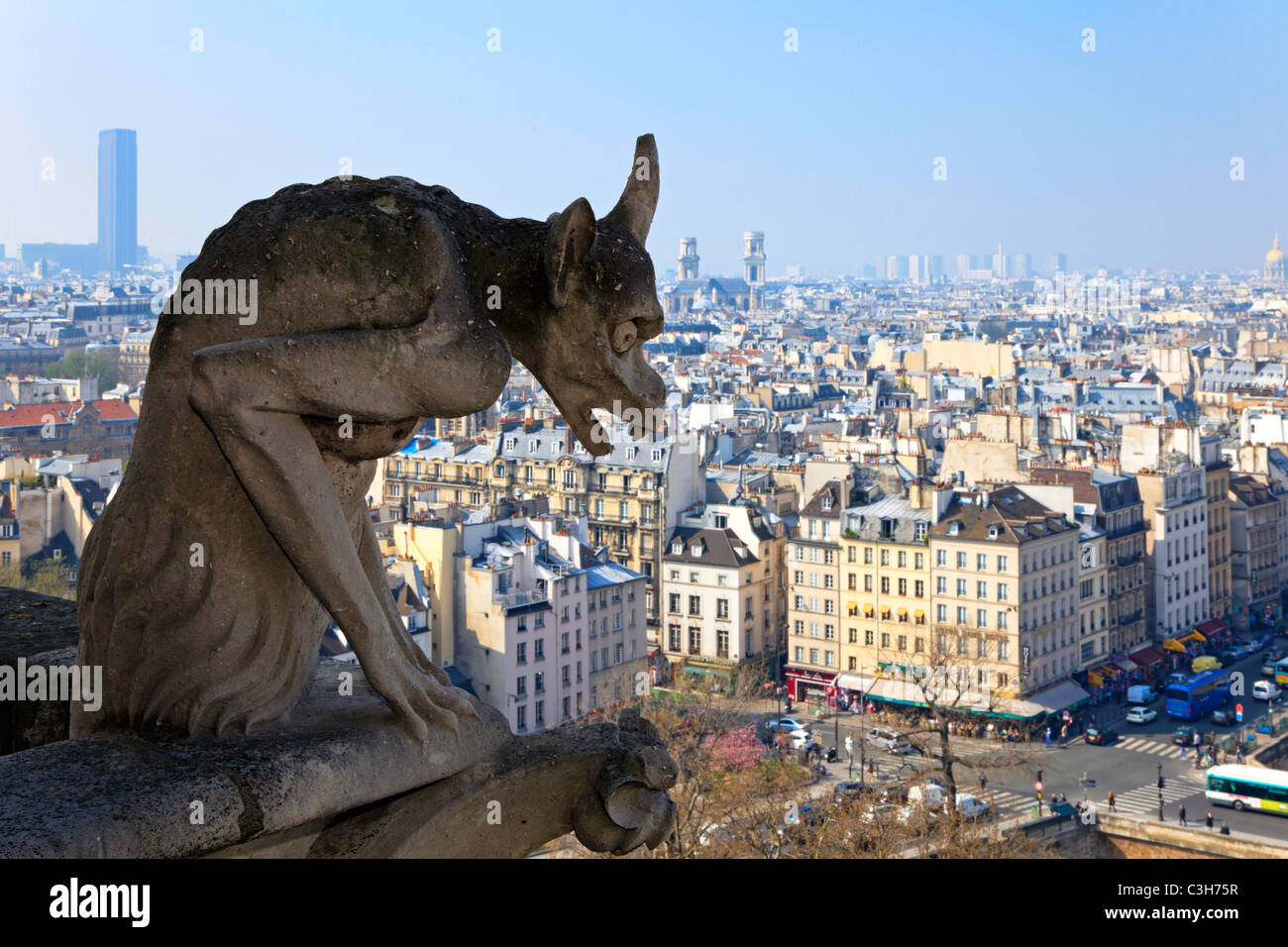 Berühmte Chimäre von Notre-Dame mit Blick auf Paris. Blick von der Spitze der Notre-Dame de Paris, Frankreich. Stockfoto