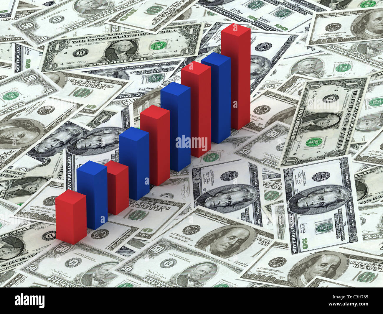 3D-Rendering von roten und blauen Balken auf US-Dollar Stockfoto