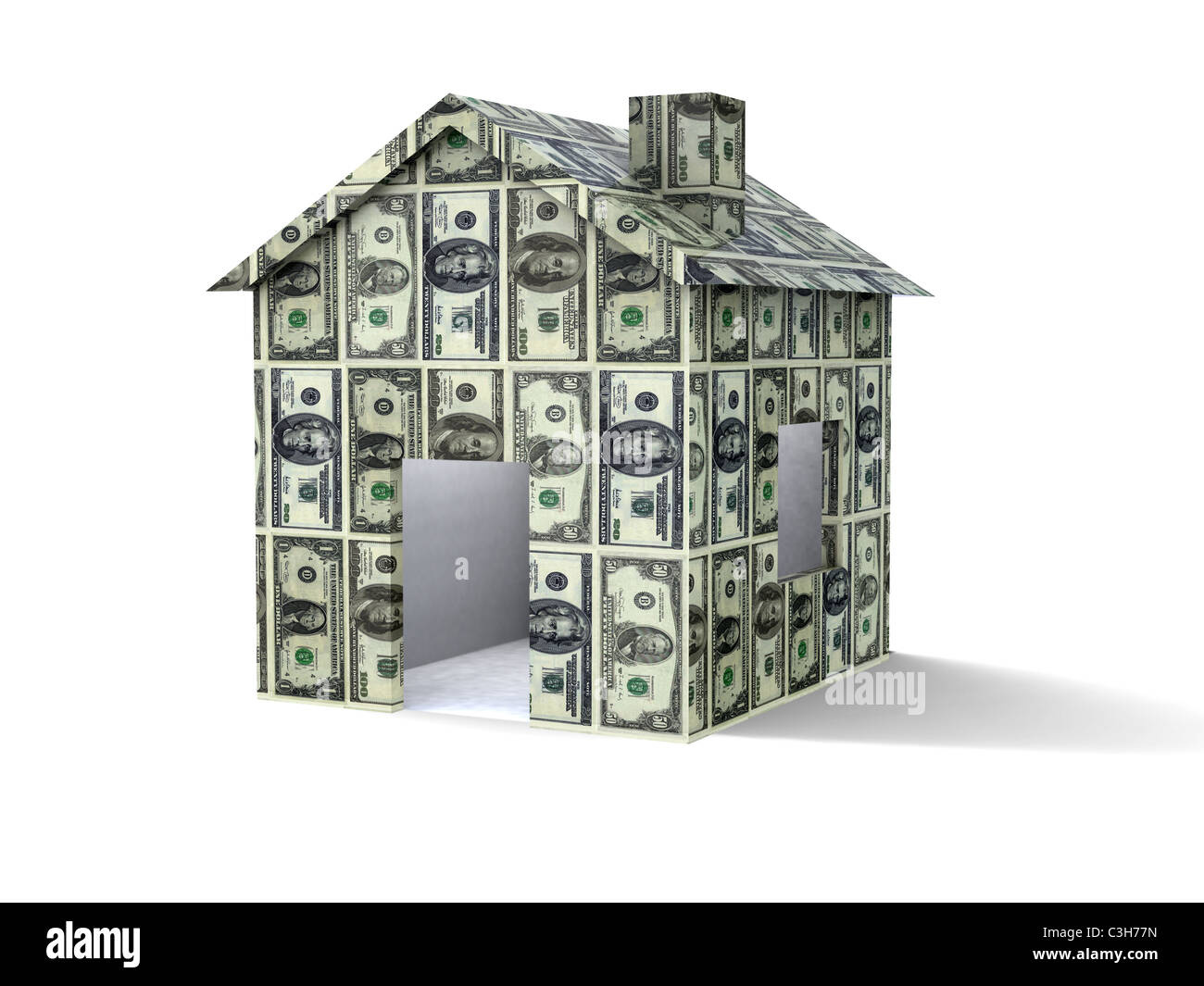 3D Haus aus Dollar auf weißem Hintergrund Stockfoto