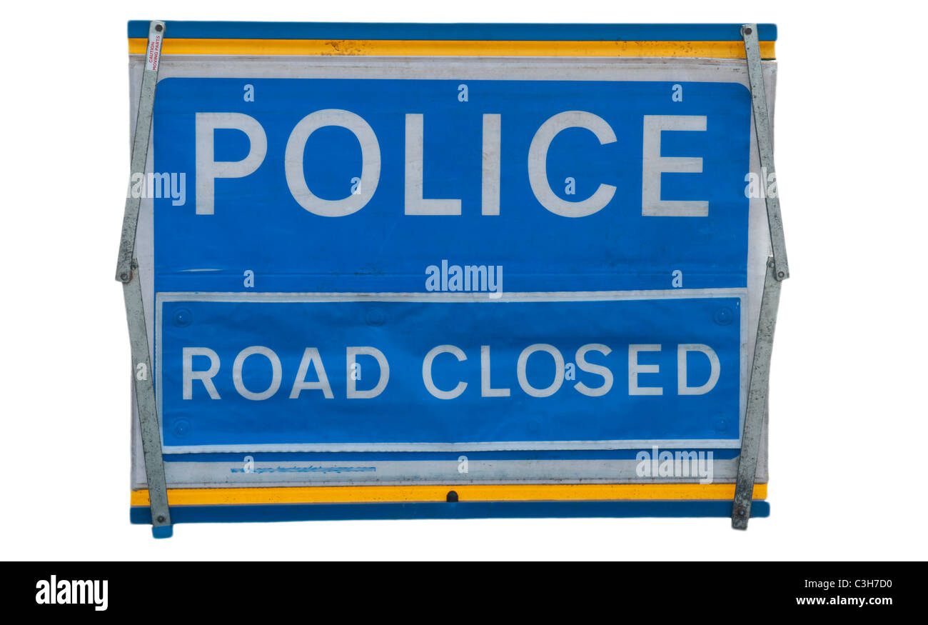 Blaue Polizei Straße geschlossen Zeichen auf weißem Hintergrund Stockfoto