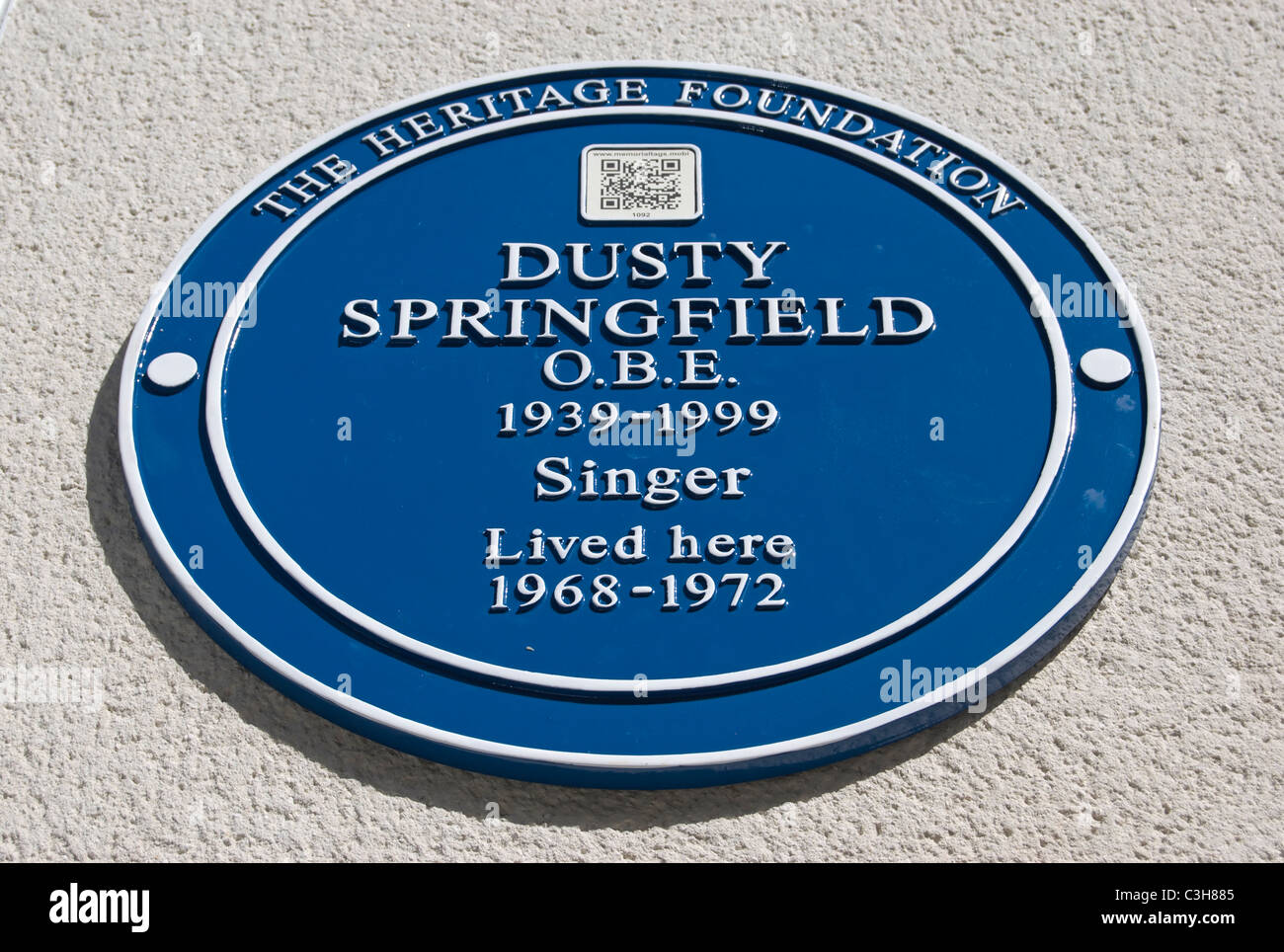 Erbe Stiftung blaue Plakette markiert ein Haus der Sängerin dusty Springfield, in Notting Hill, West-London, england Stockfoto