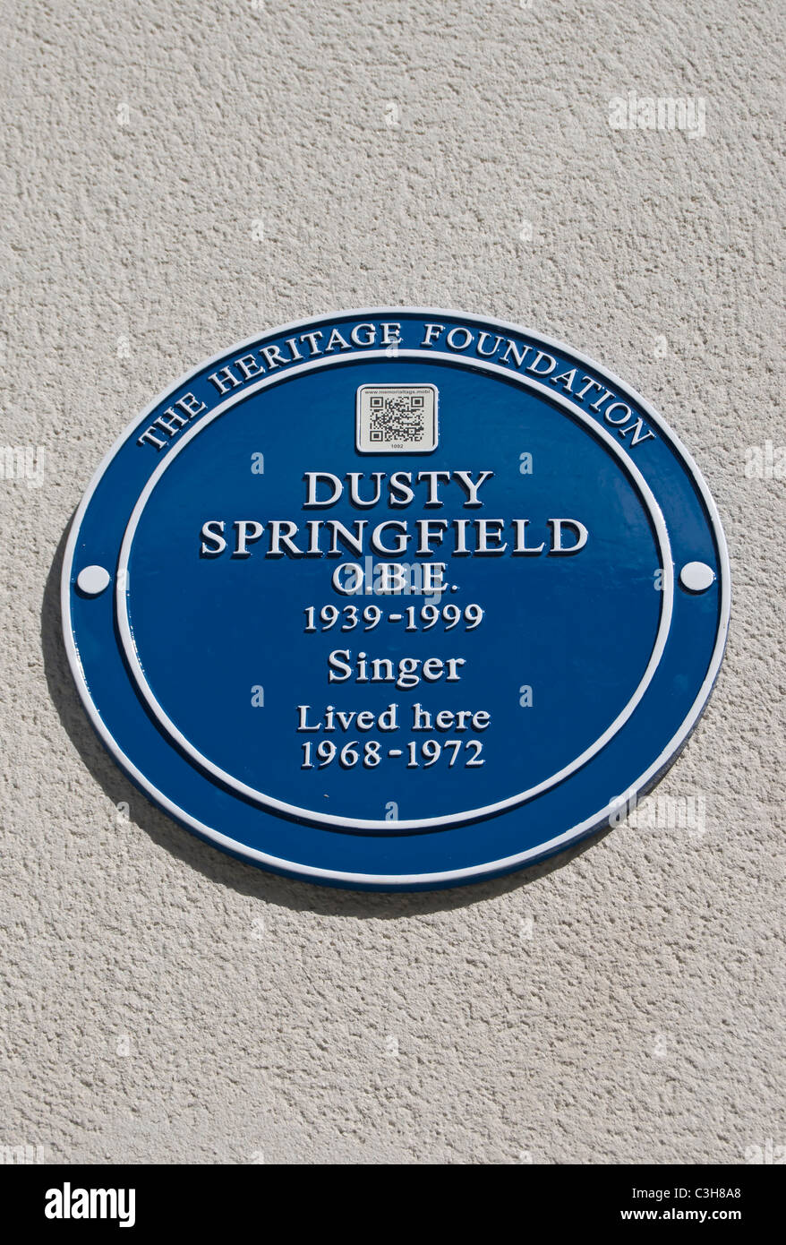Erbe Stiftung blaue Plakette markiert ein Haus der Sängerin dusty Springfield, in Notting Hill, West-London, england Stockfoto