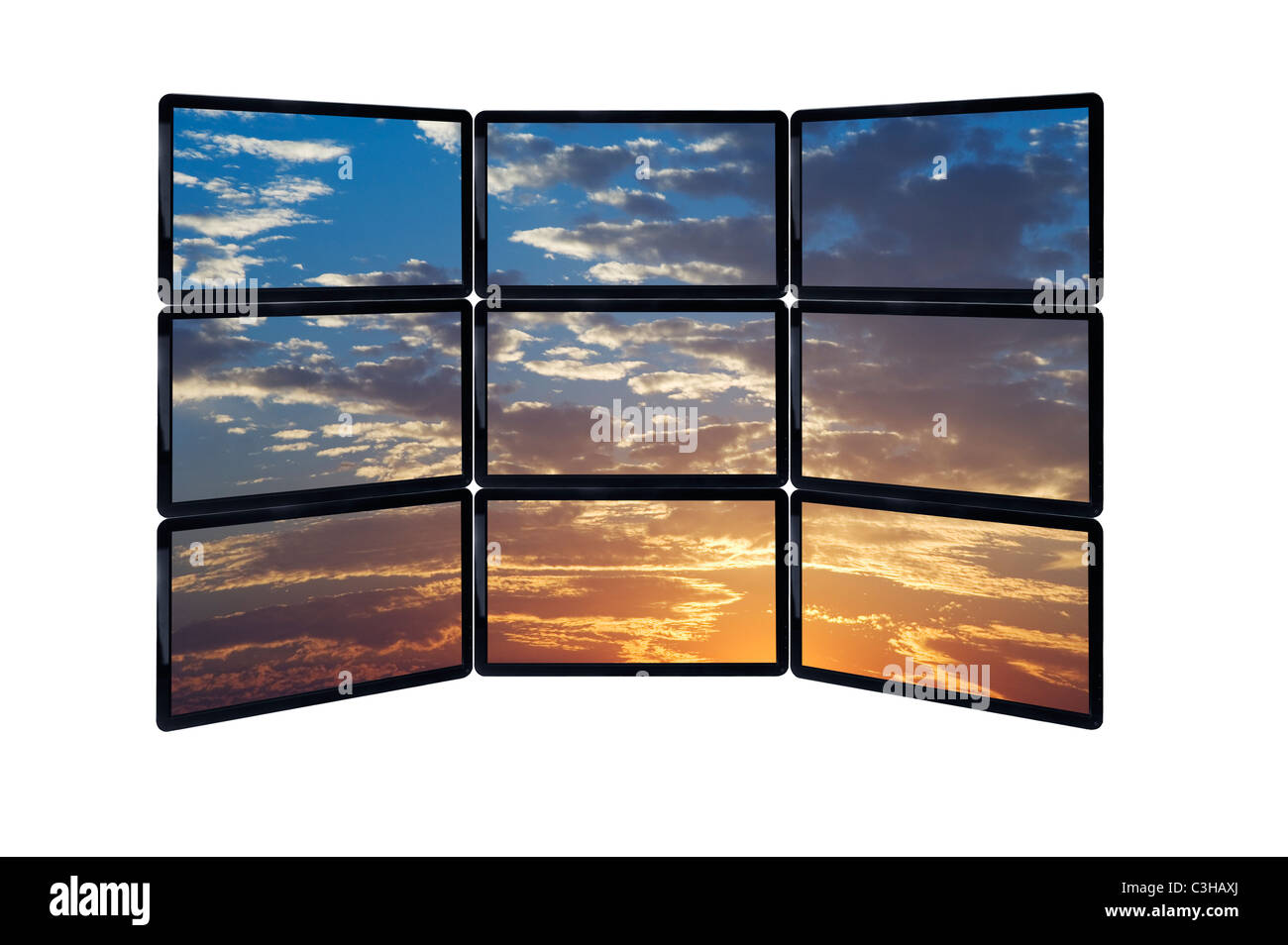 Nahaufnahme der Himmel bei Sonnenuntergang auf Monitoren Stockfoto