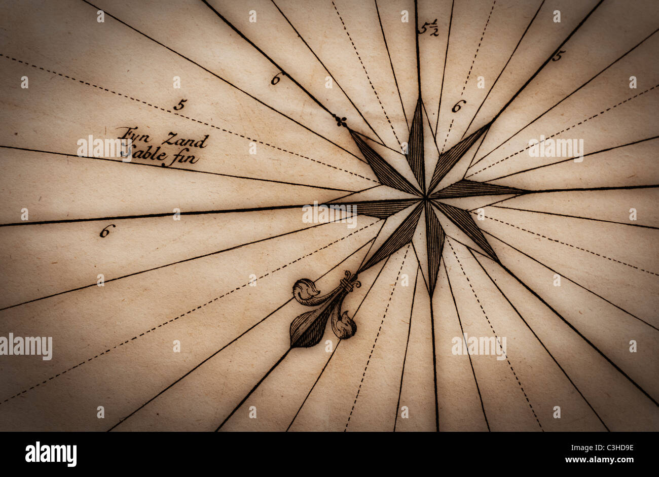 Nahaufnahme von Windrose auf Antike Landkarte Stockfoto