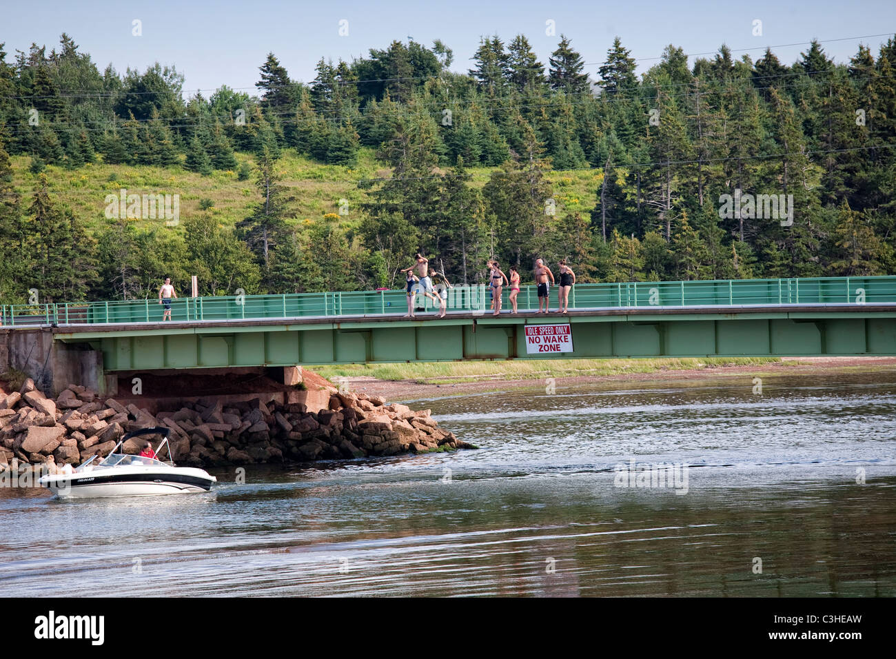 Schwimmer, springen und Tauchen vor der Brücke in Stanley Bridge, Prince Edward Island, Kanada. Stockfoto