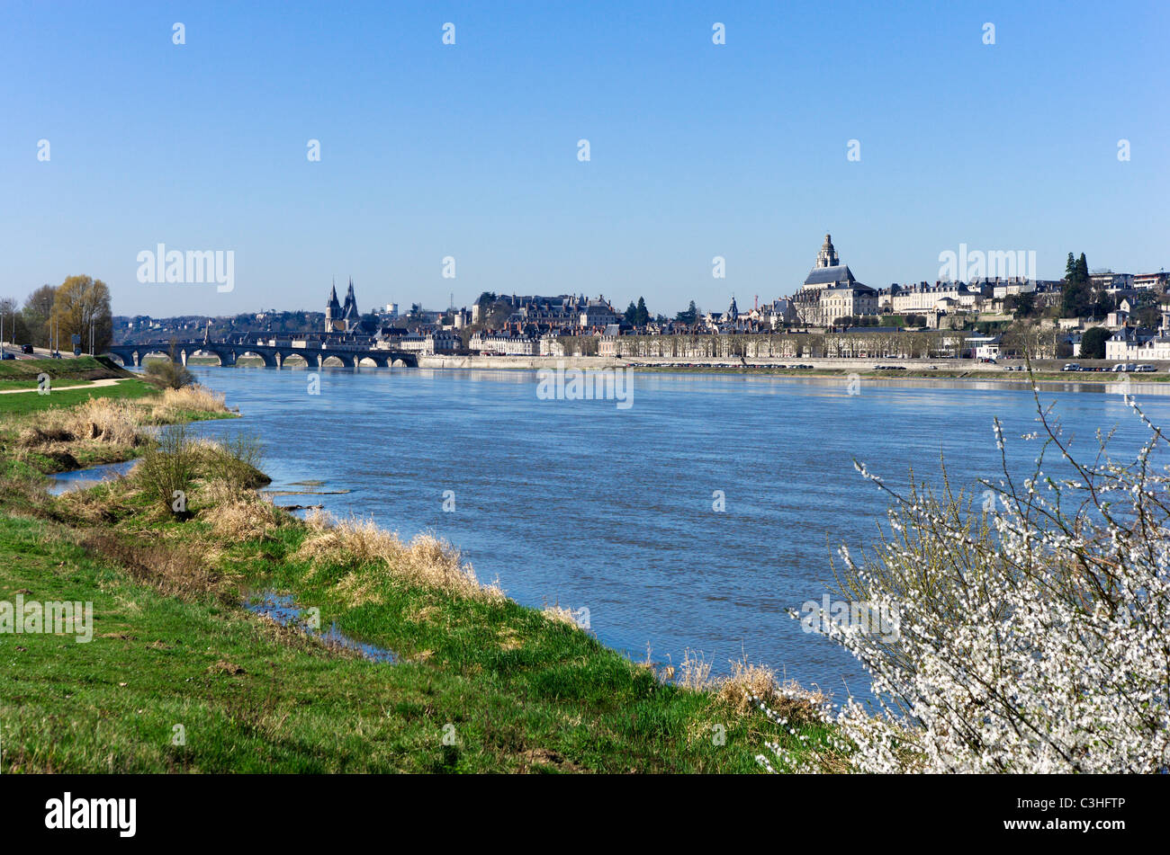 Blick auf die Altstadt vom über der Loire im Frühjahr, Blois, Val de Loire, Touraine, Frankreich Stockfoto