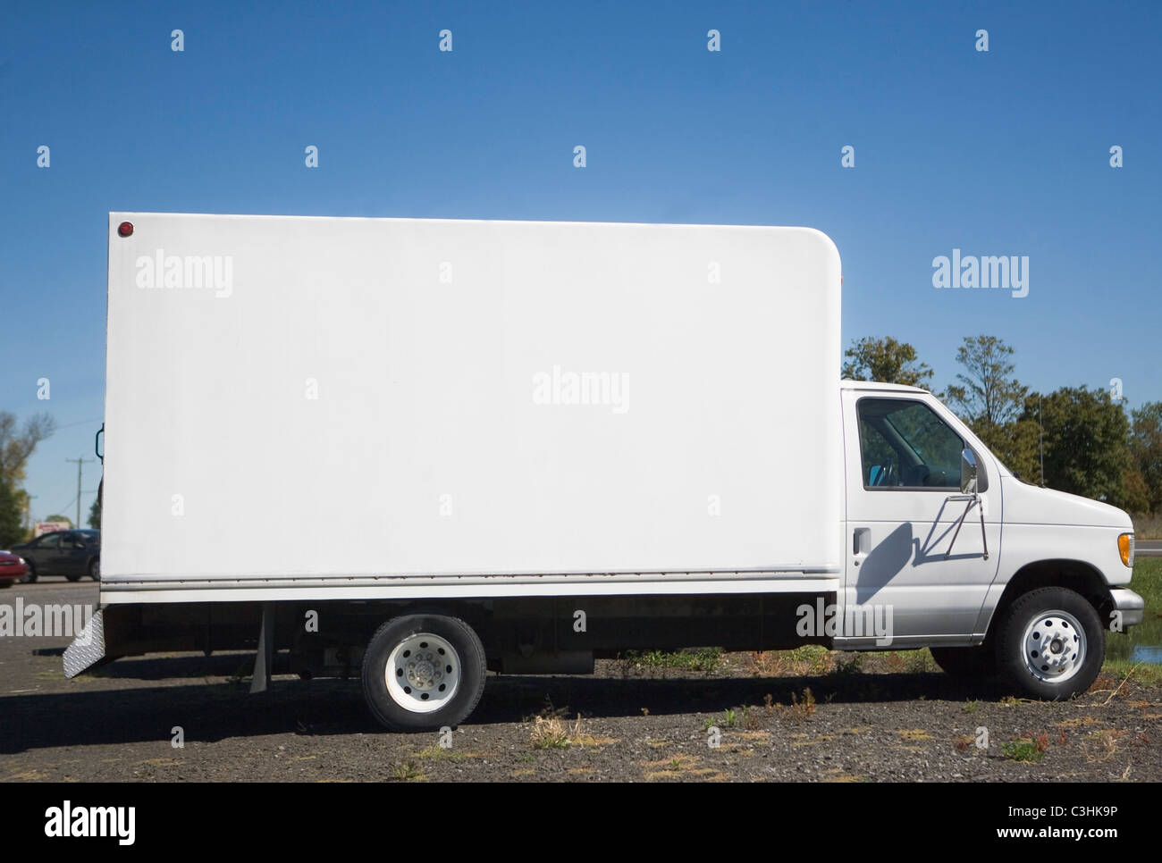 USA, New York City, weiße LKW mit Blindplatte Stockfoto