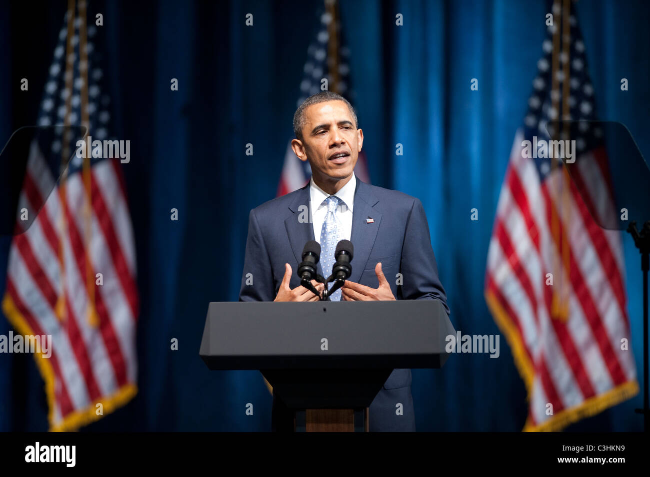 US-Präsident Barack Obama spricht von der Bühne auf einen politischen Spendenaktion in Austin, Texas. Stockfoto