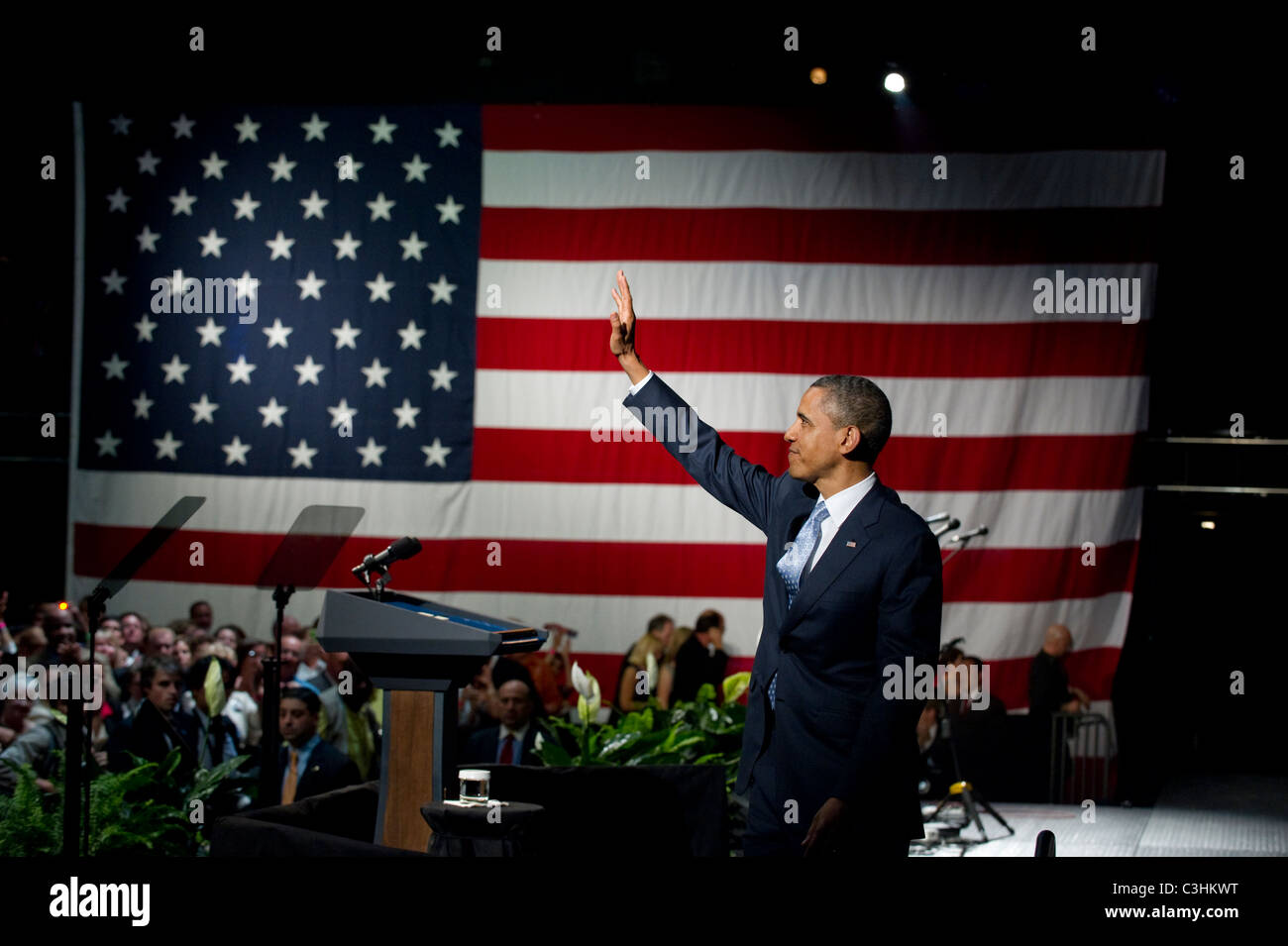 US-Präsident Barack Obama spricht von der Bühne auf einen politischen Spendenaktion in Austin, Texas. Stockfoto