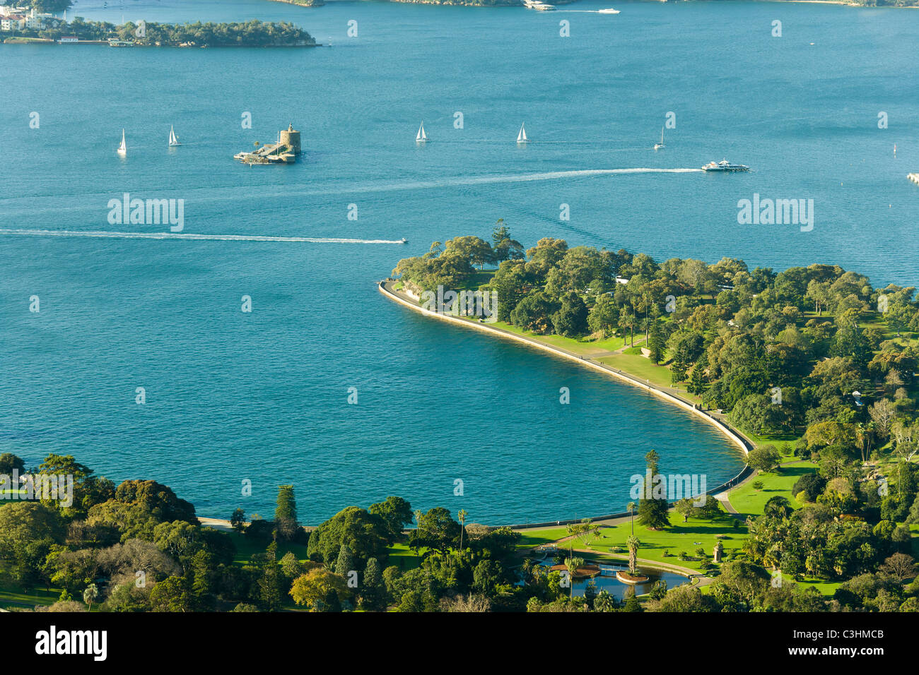 Sydney NSW Australia, Luftaufnahme der Farm Cove, Royal Botanic Gardens, Frau Macquaries Chair und Fort Denison. Stockfoto