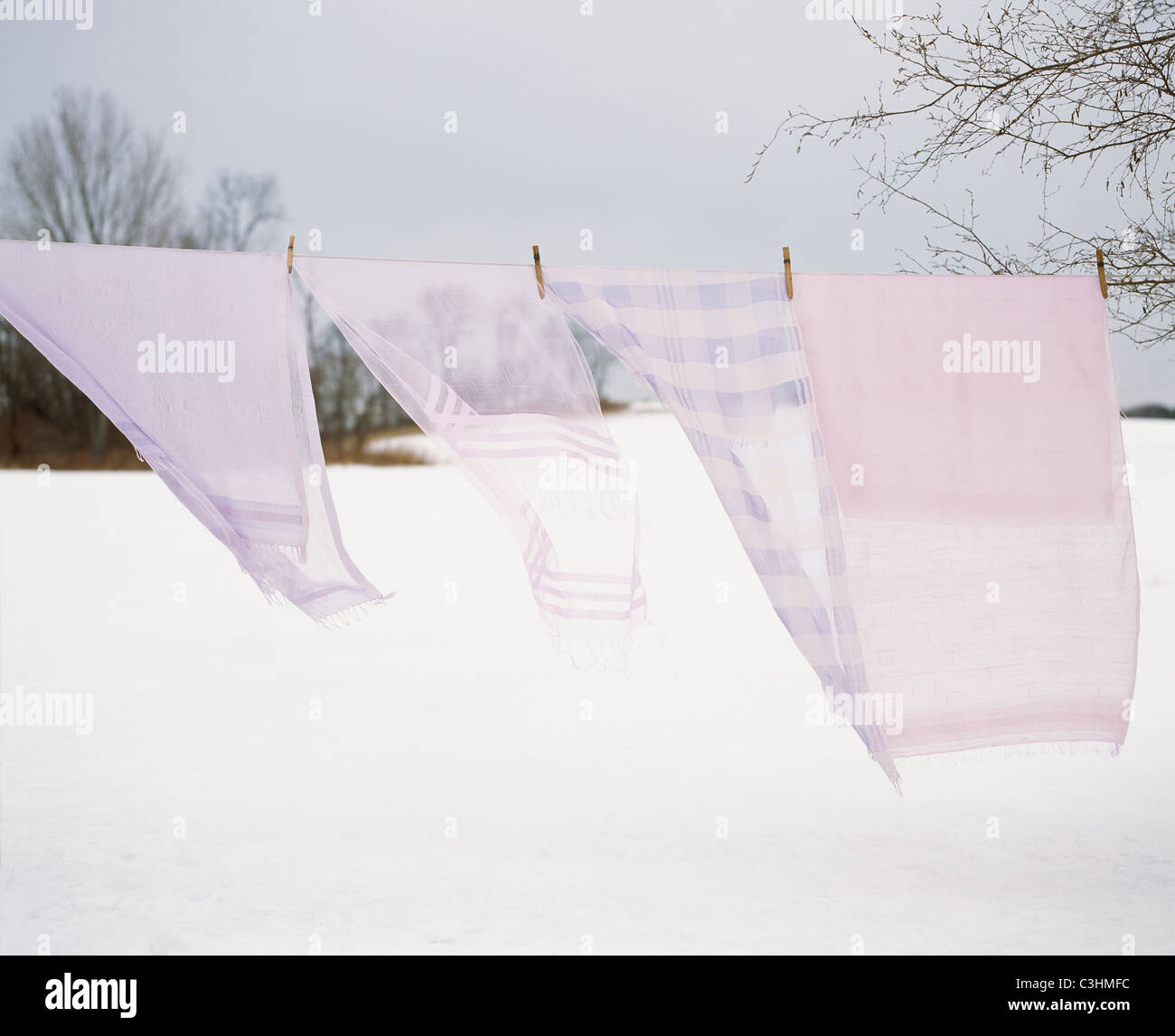 Schals auf Wäscheleine im Schnee Stockfoto
